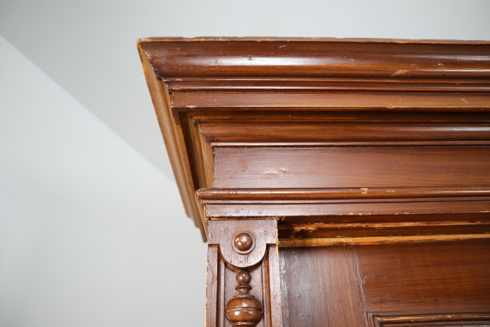 Antique Pine Large Wardrobe Cabinet With Sliding Doors And