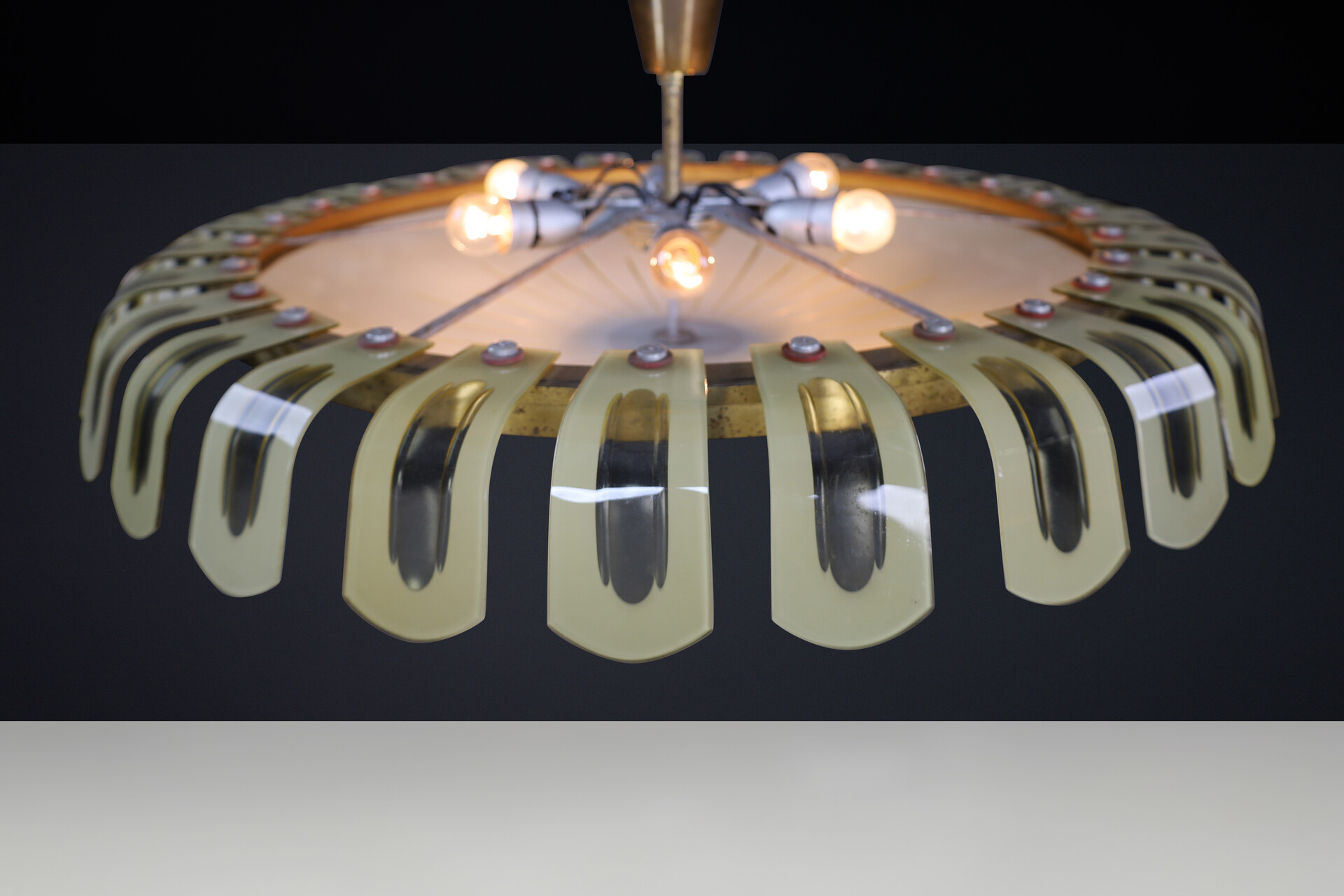 Art deco Brass and green opaline glass chandelier, Germany 1930s Mid-20th century