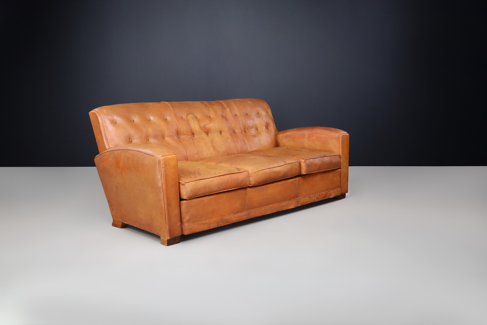 Art deco Patinated leather Lounge sofa, France 1950 Mid-20th century