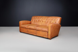 Art deco Patinated leather Lounge sofa, France 1950 Mid-20th century