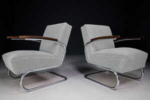 Bauhaus Set/2 Chrome Steel Armchairs by Thonet circa 1930s Midcentury Bauhaus with new fabric upholstery Mid-20th century