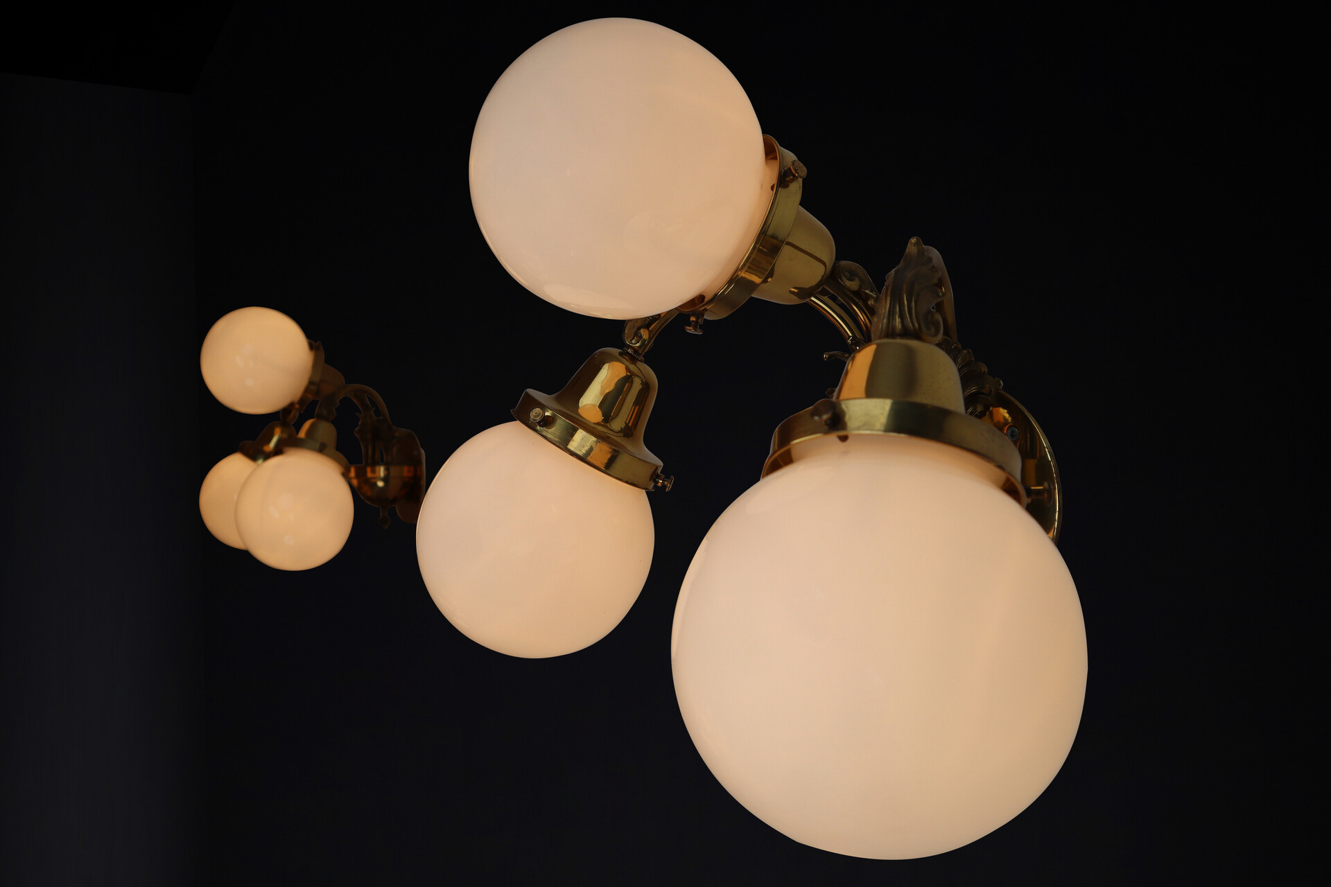 Brass Wall lights with Opaline Glass Globes, National Gallery Praque Early-20th century