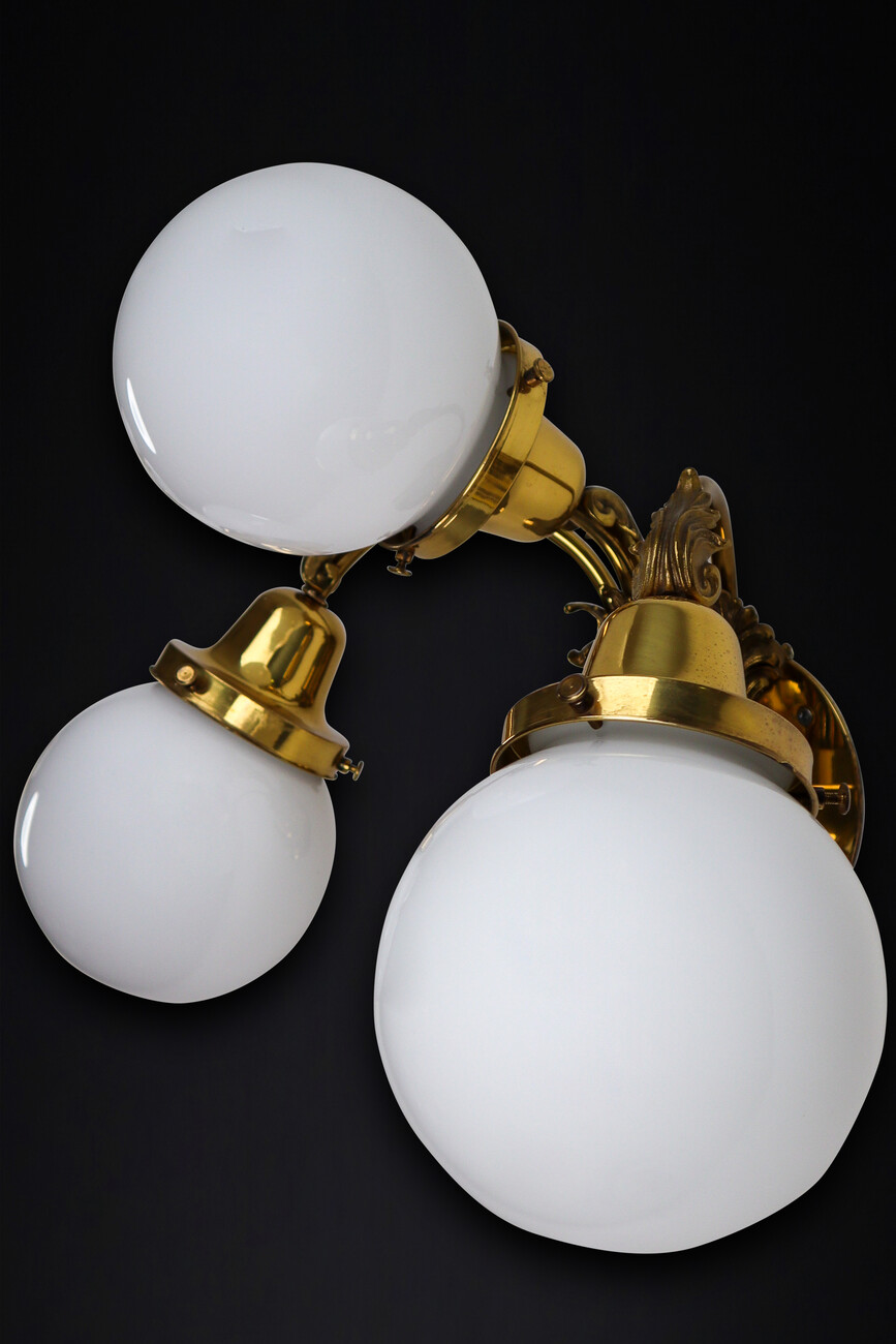 Brass Wall lights with Opaline Glass Globes, National Gallery Praque Early-20th century