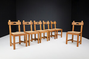 Brutalist Dining Chairs in Oak and Rush, France 1960s Mid-20th century