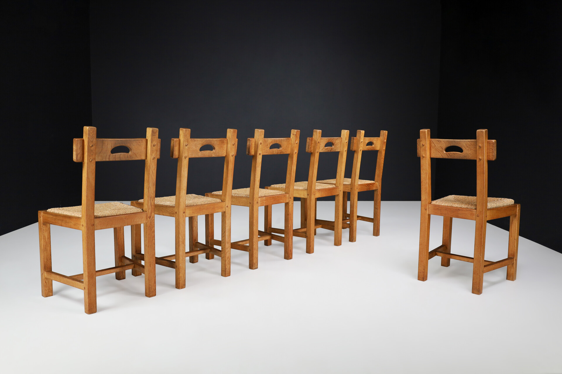 Brutalist Dining Chairs in Oak and Rush, France 1960s Mid-20th century