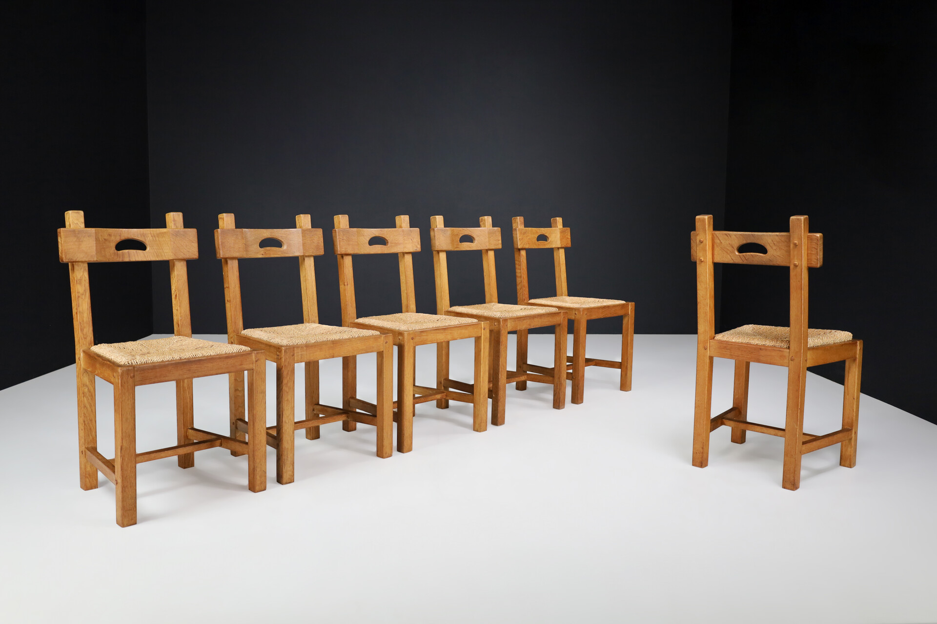 Brutalist Dining Chairs in Oak and Rush, France 1960s Mid-20th century