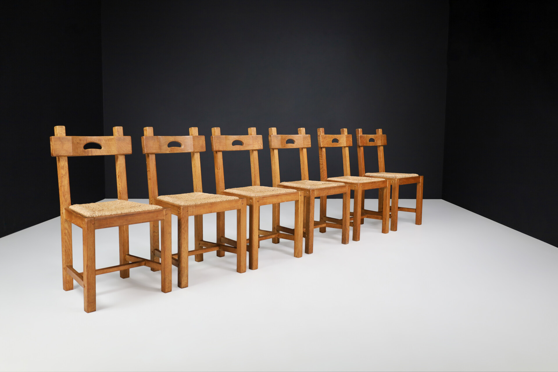 Brutalist Dining Chairs in Oak and Rush, France 1960s Mid-20th century