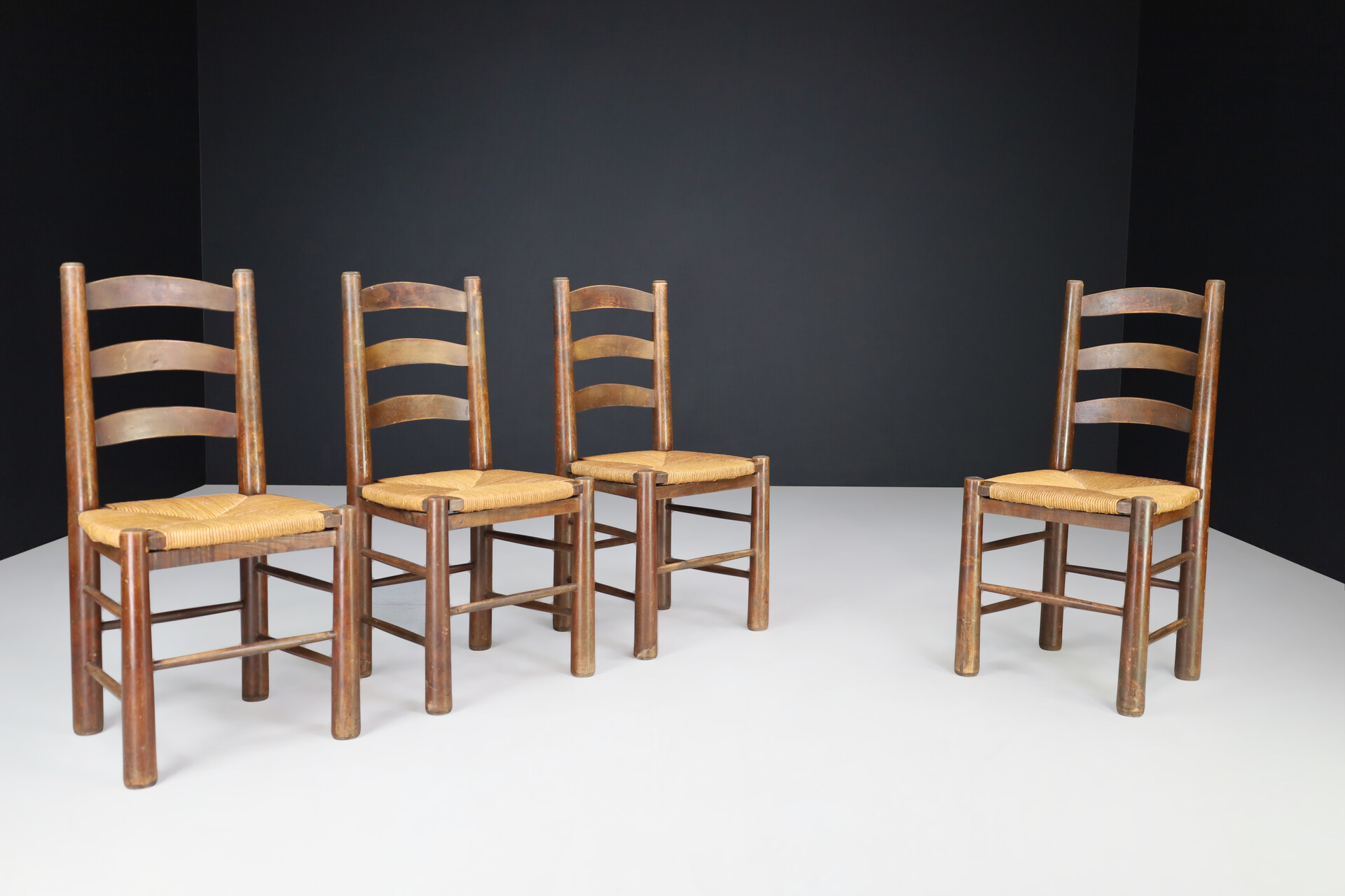 Brutalist Georges Robert Dining Chairs in Oak and Rush, France, 1950s Mid-20th century