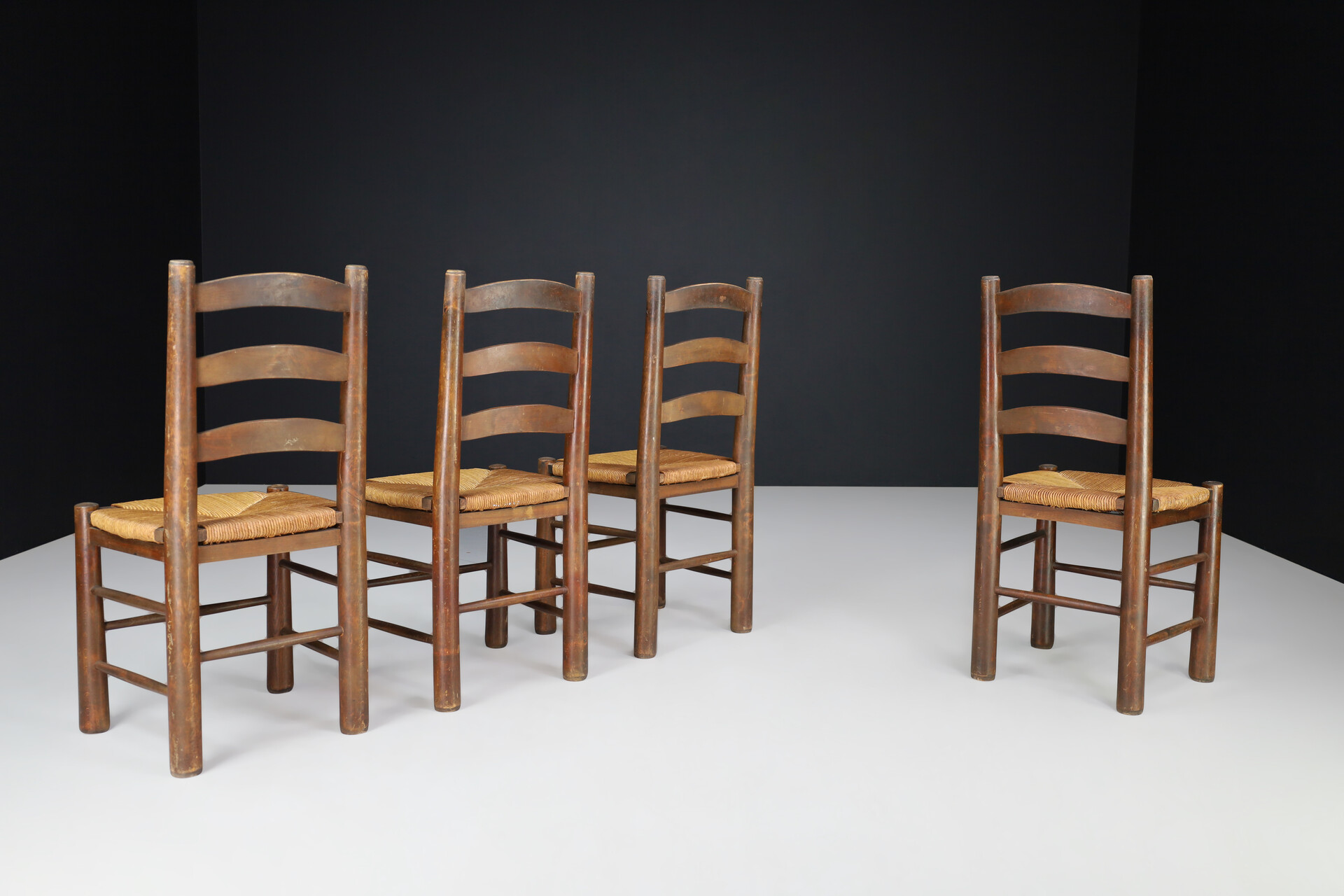 Brutalist Georges Robert Dining Chairs in Oak and Rush, France, 1950s Mid-20th century