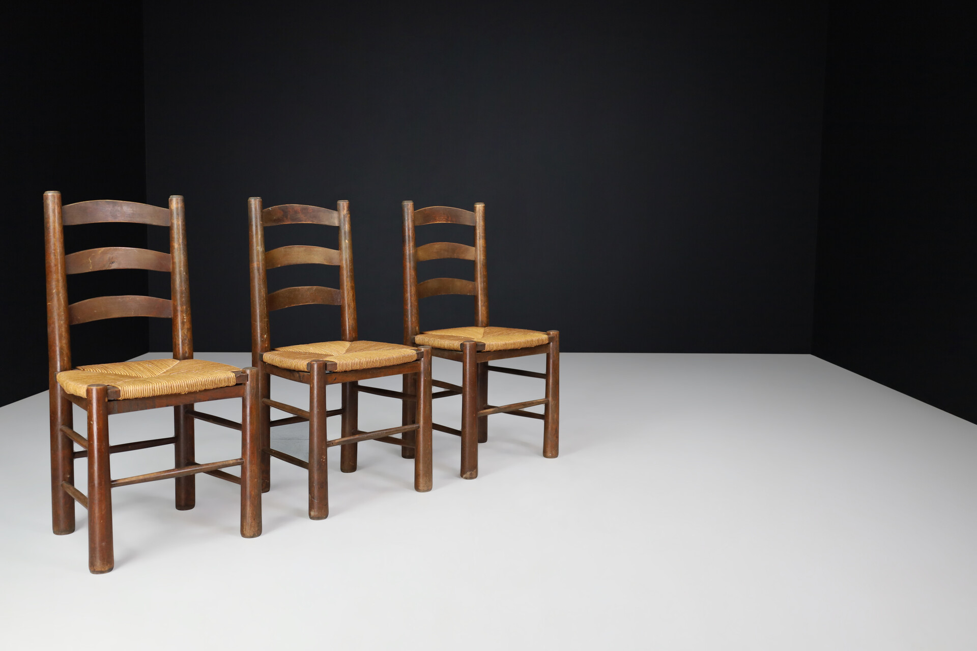 Brutalist Georges Robert Dining Chairs in Oak and Rush, France, 1950s Mid-20th century