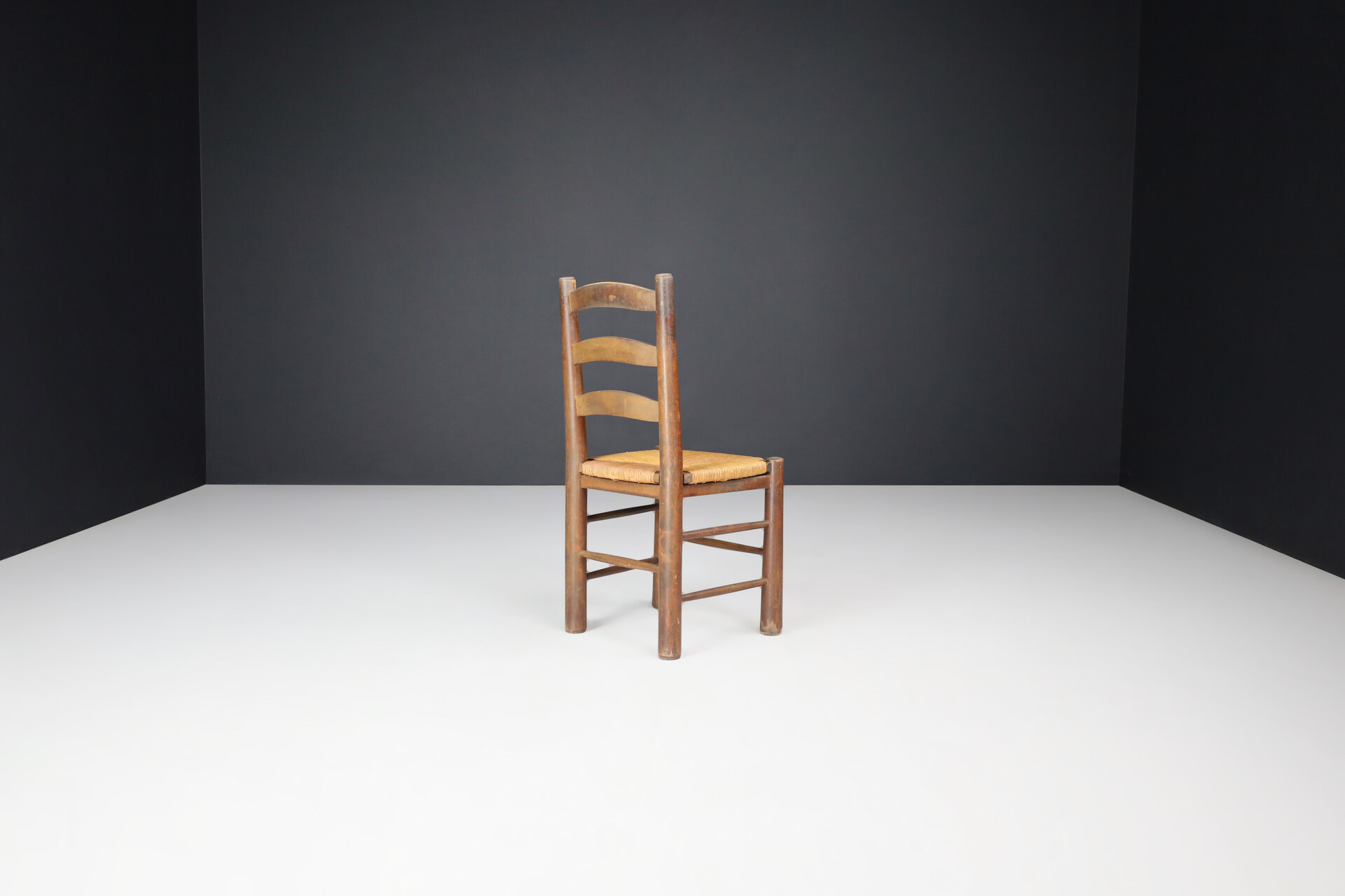 Brutalist Georges Robert Dining Chairs in Oak and Rush, France, 1950s Mid-20th century