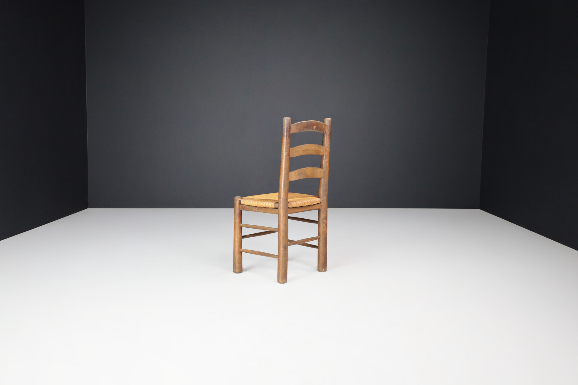 Brutalist Georges Robert Dining Chairs in Oak and Rush, France, 1950s Mid-20th century