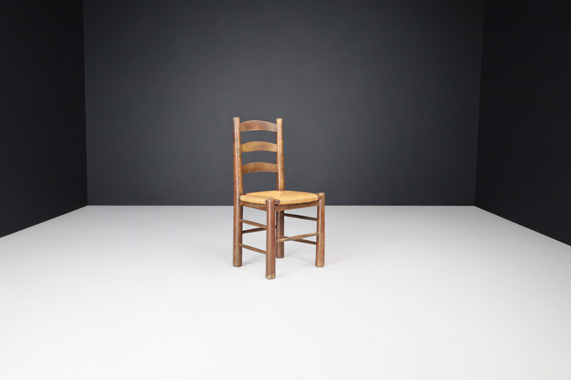 Brutalist Georges Robert Dining Chairs in Oak and Rush, France, 1950s Mid-20th century