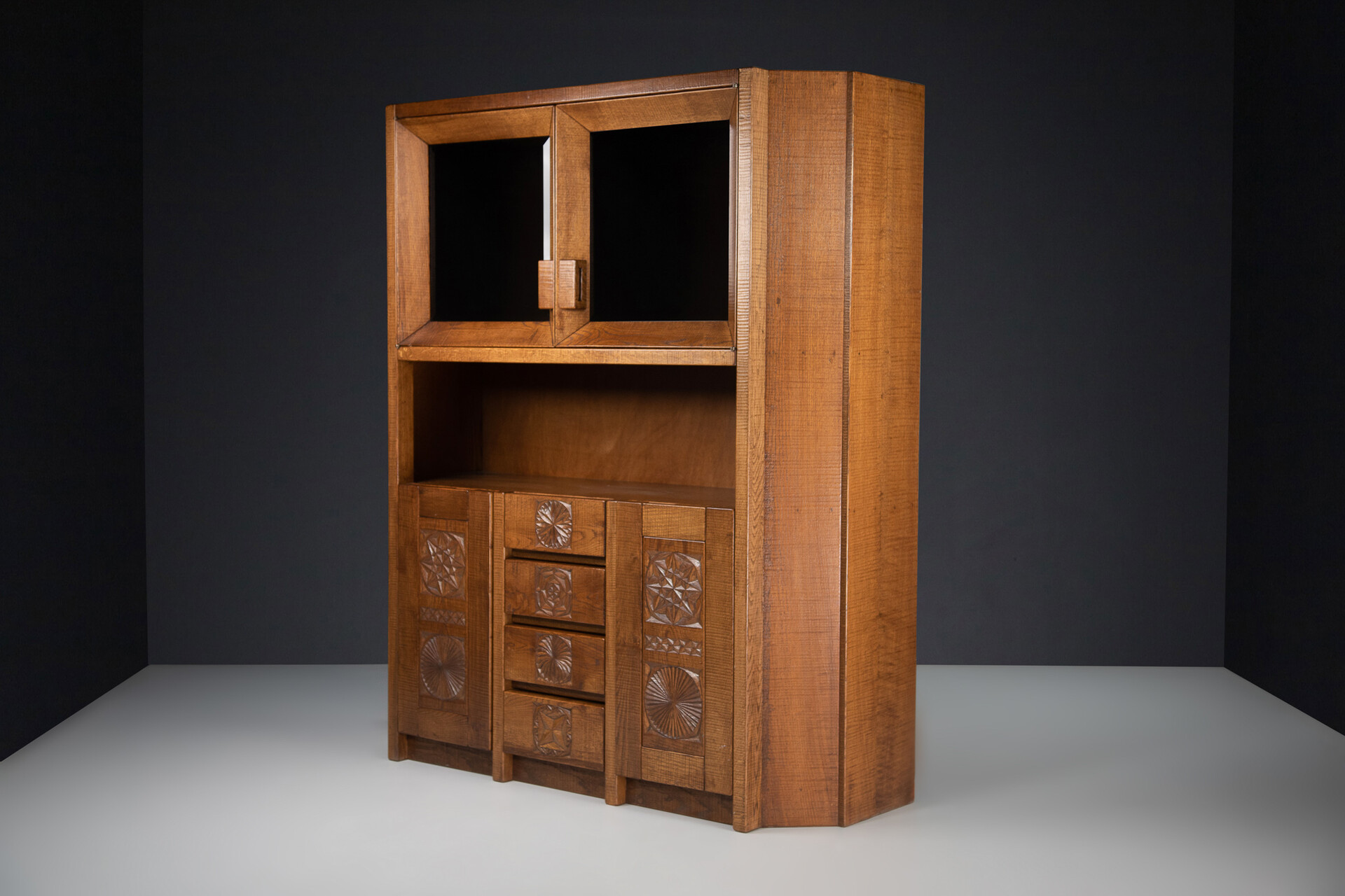 Brutalist Hand Crafted Giuseppe Rivadossi Glazed Cabinet in Oak Italy, the 1970s Late-20th century