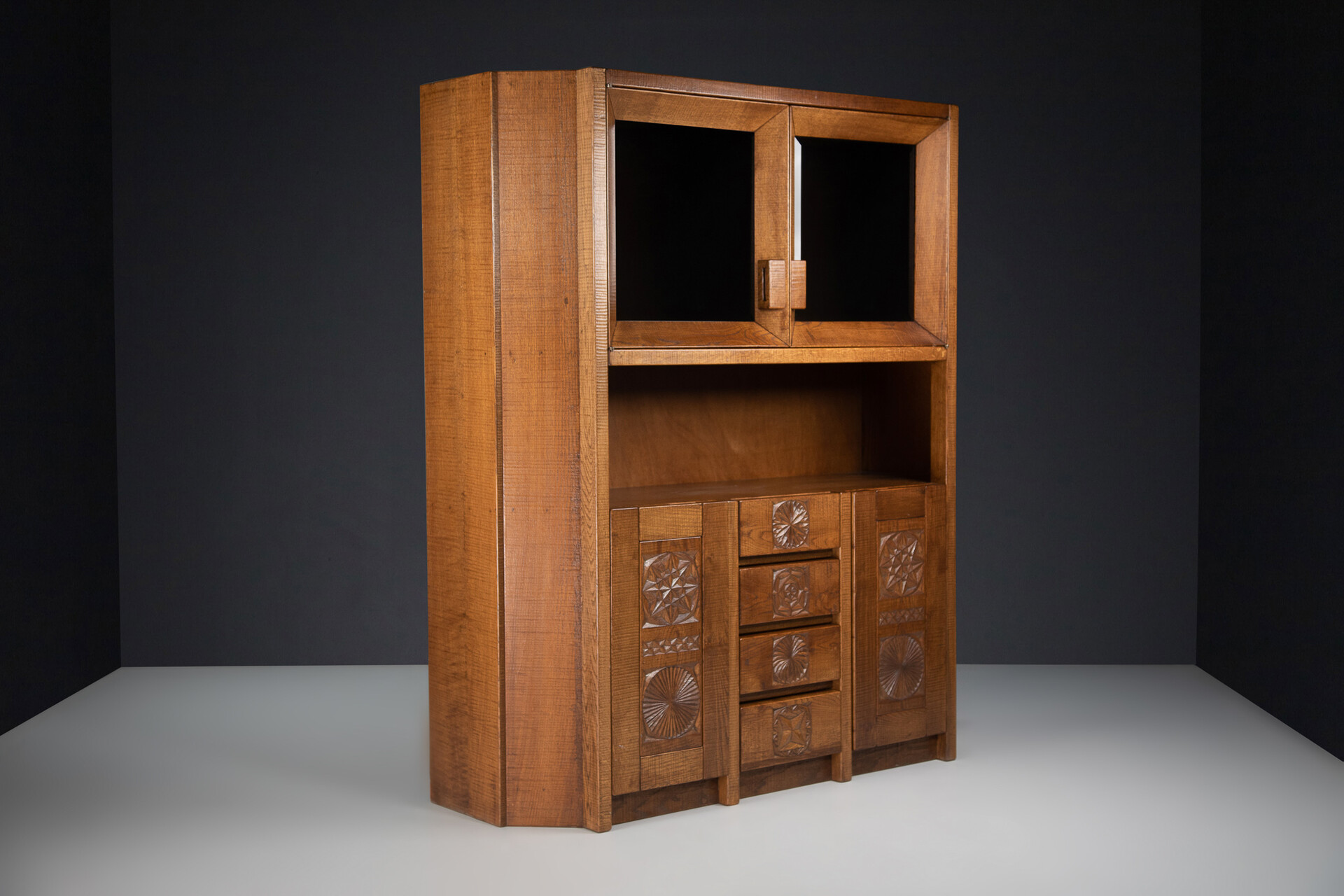 Brutalist Hand Crafted Giuseppe Rivadossi Glazed Cabinet in Oak Italy, the 1970s Late-20th century