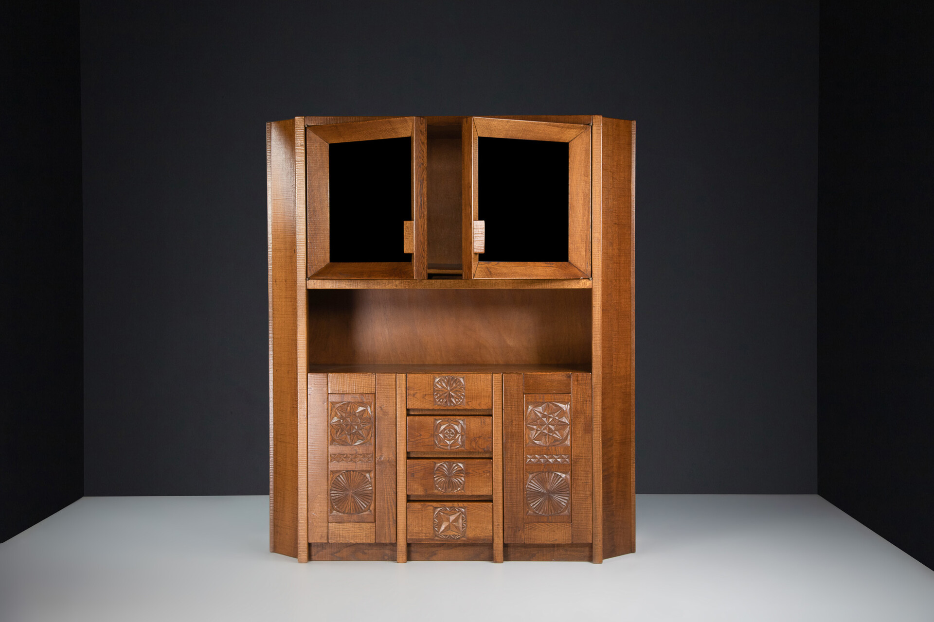 Brutalist Hand Crafted Giuseppe Rivadossi Glazed Cabinet in Oak Italy, the 1970s Late-20th century