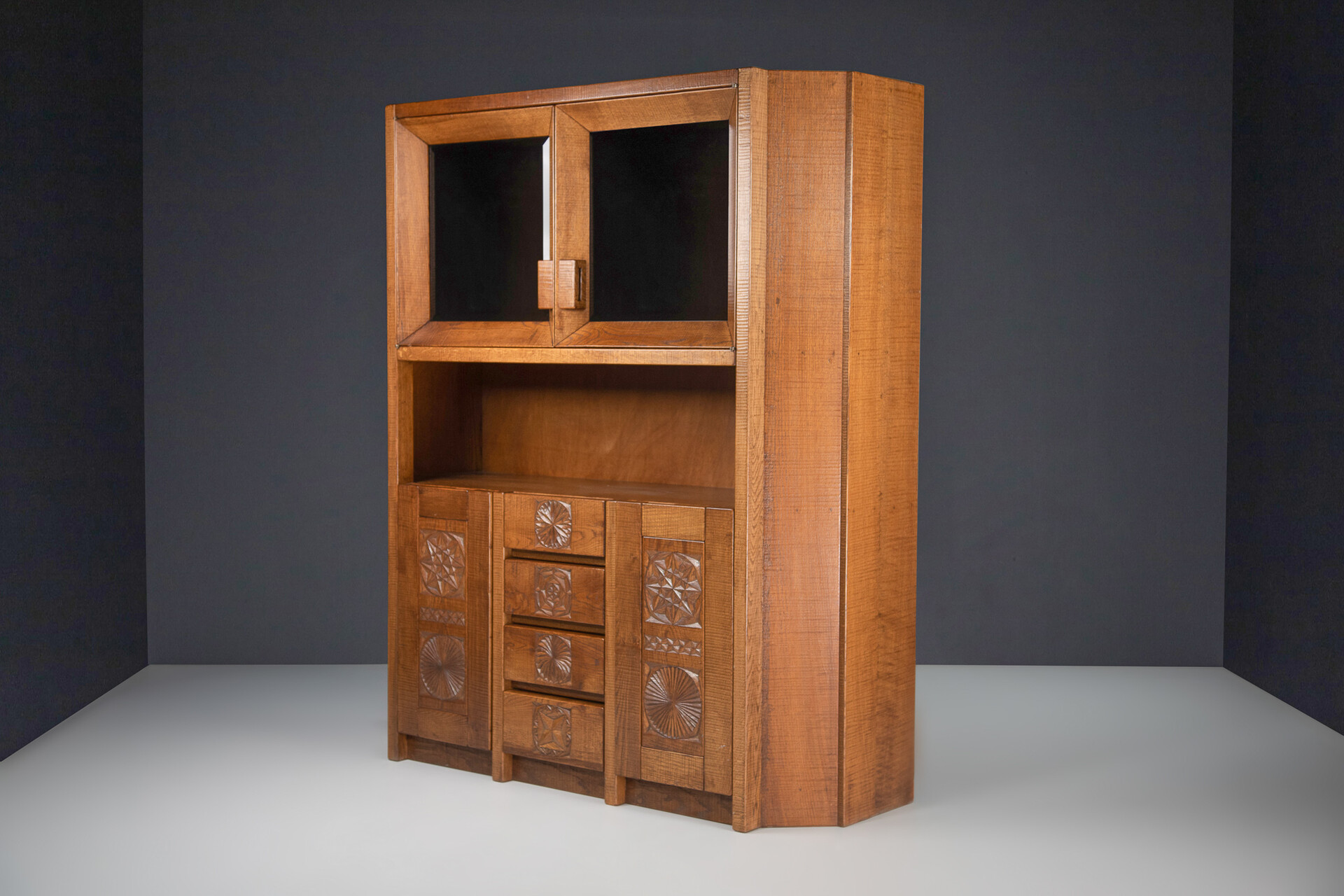 Brutalist Hand Crafted Giuseppe Rivadossi Glazed Cabinet in Oak Italy, the 1970s Late-20th century