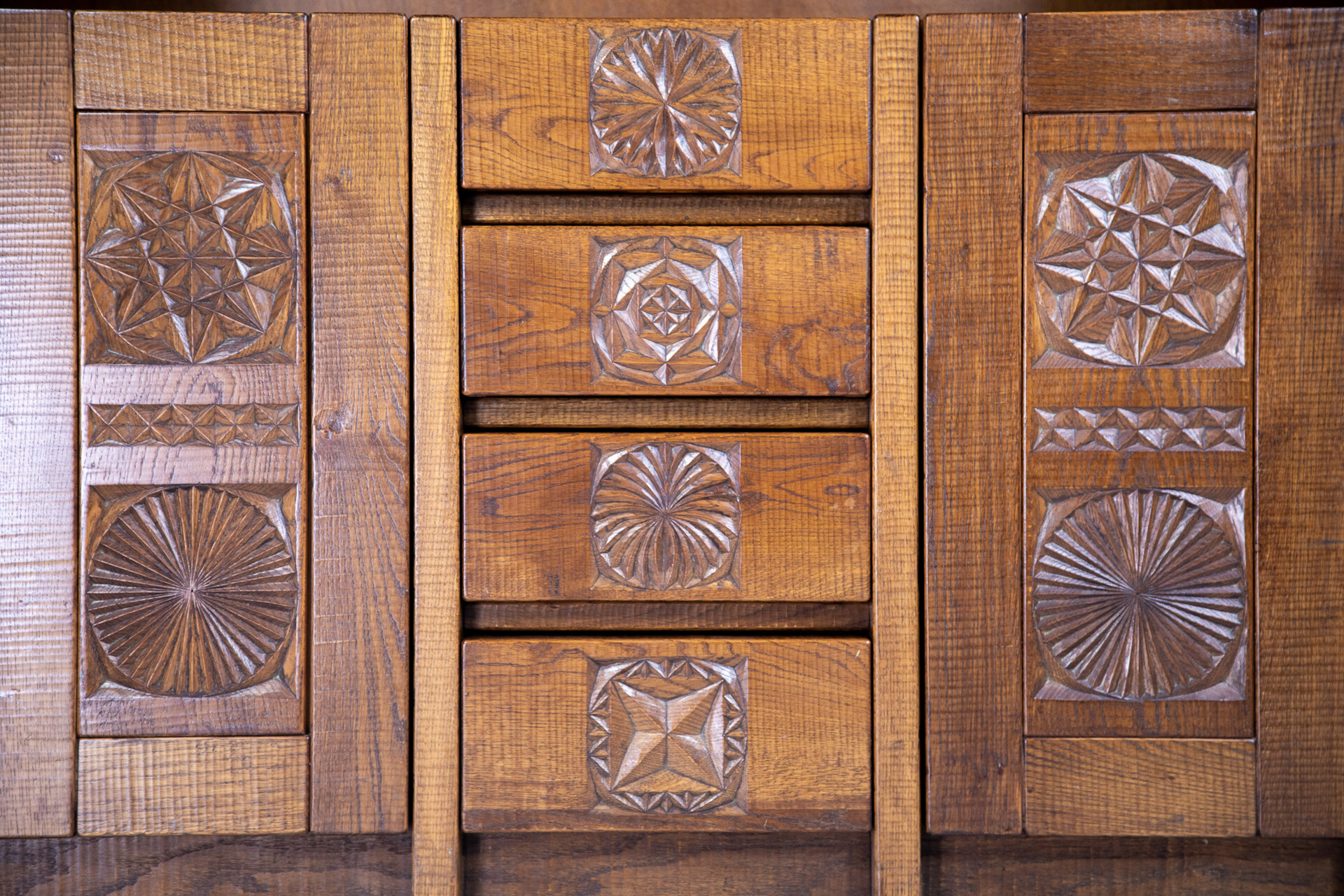 Brutalist Hand Crafted Giuseppe Rivadossi Glazed Cabinet in Oak Italy, the 1970s Late-20th century