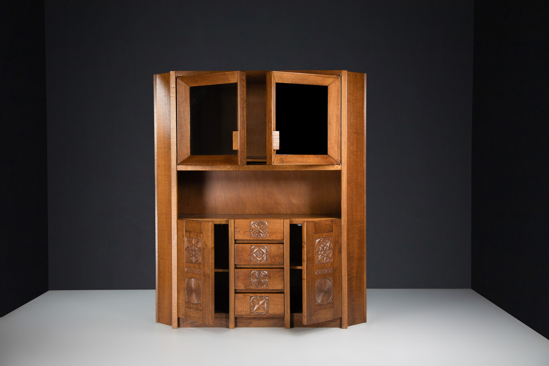 Brutalist Hand Crafted Giuseppe Rivadossi Glazed Cabinet in Oak Italy, the 1970s Late-20th century