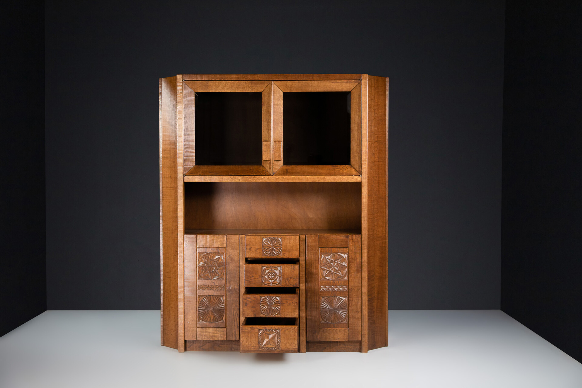 Brutalist Hand Crafted Giuseppe Rivadossi Glazed Cabinet in Oak Italy, the 1970s Late-20th century