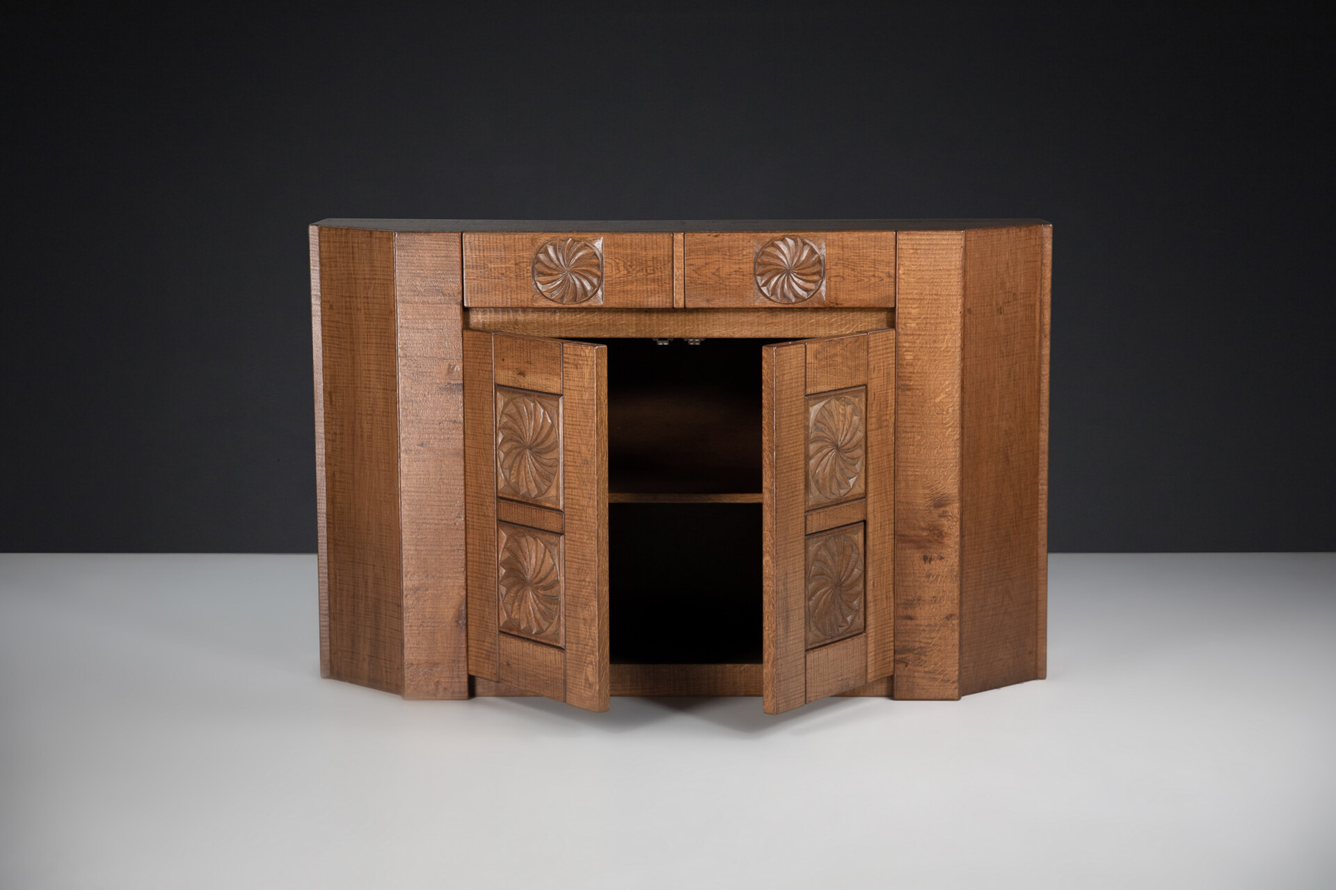 Brutalist Hand Crafted Giuseppe Rivadossi Sideboard in Oak Italy, the 1970s Late-20th century