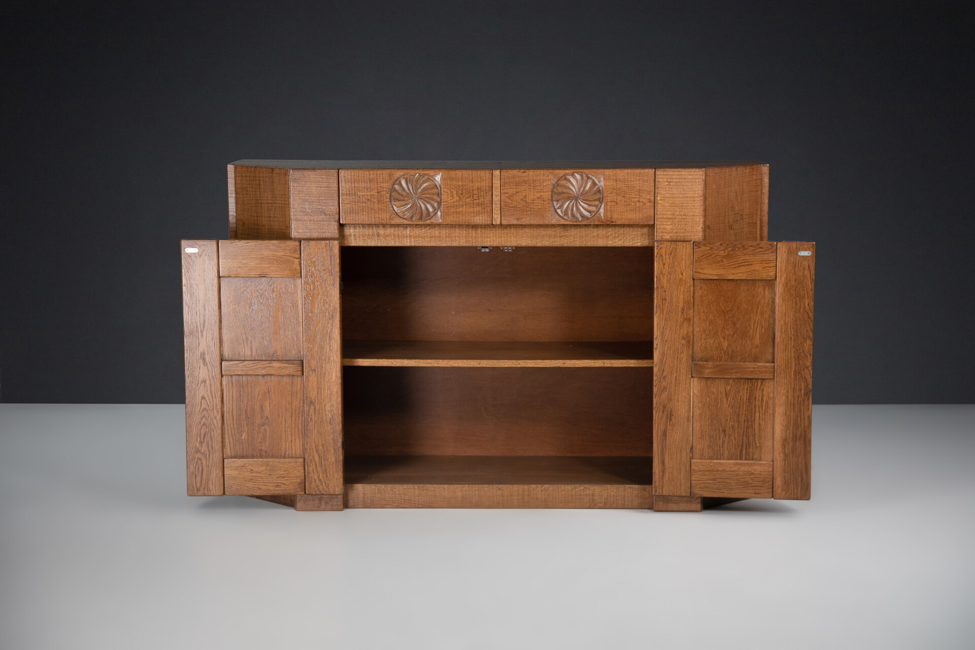 Brutalist Hand Crafted Giuseppe Rivadossi Sideboard in Oak Italy, the 1970s Late-20th century