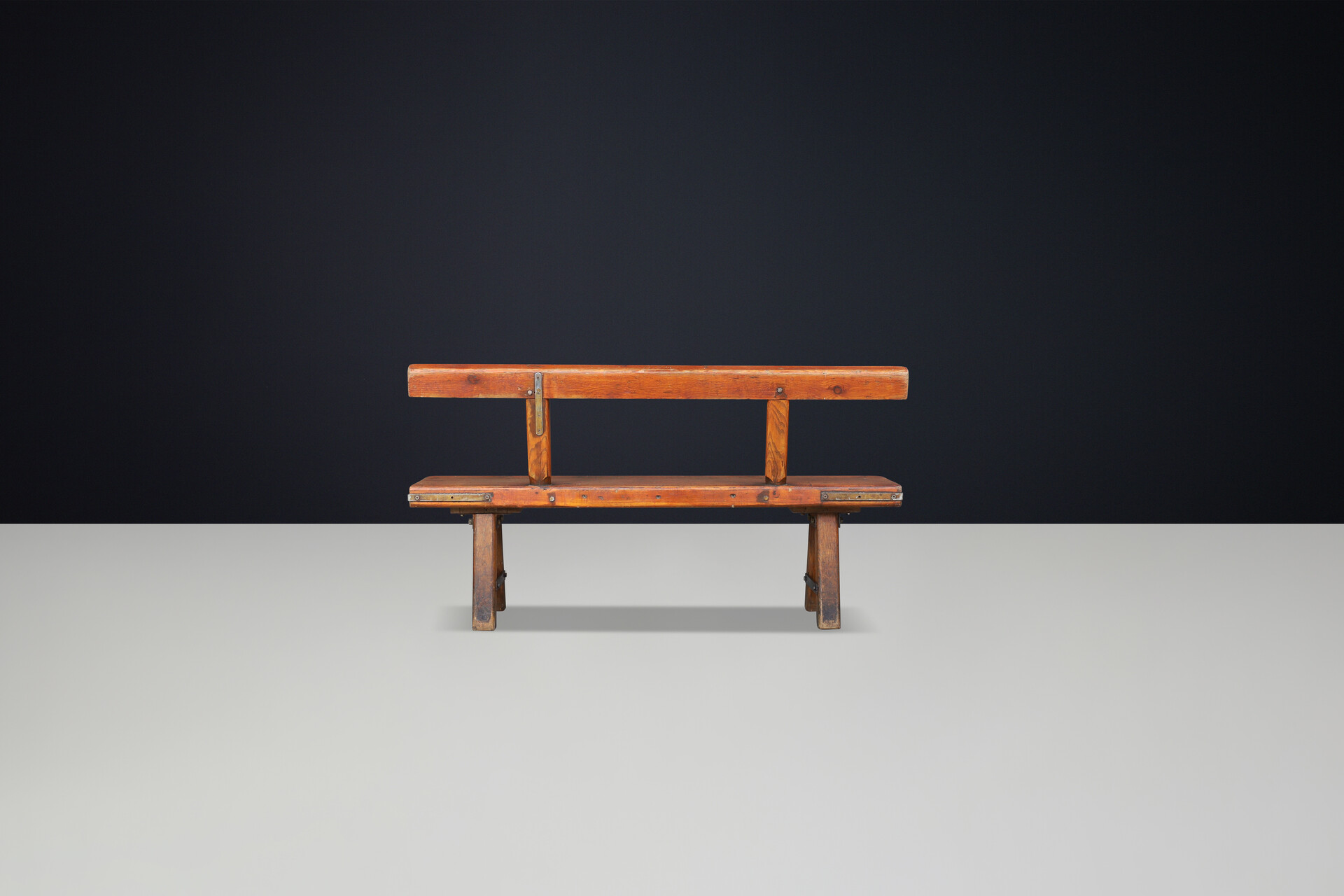 Brutalist Mobichalet Long Bench in Patinated solid Pine wood, Belgium 1950 Mid-20th century