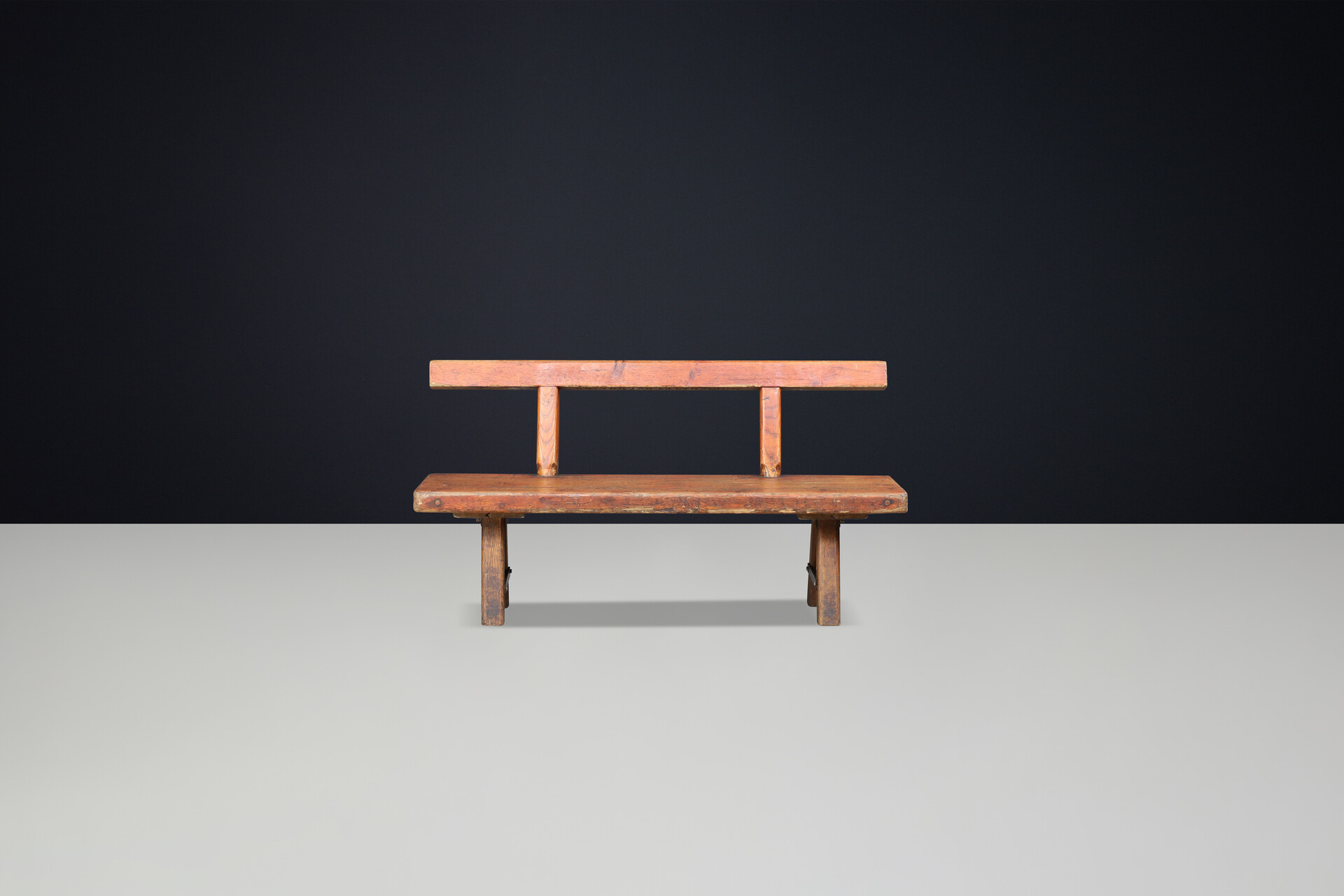 Brutalist Mobichalet Long Bench in Patinated solid Pine wood, Belgium 1950 Mid-20th century