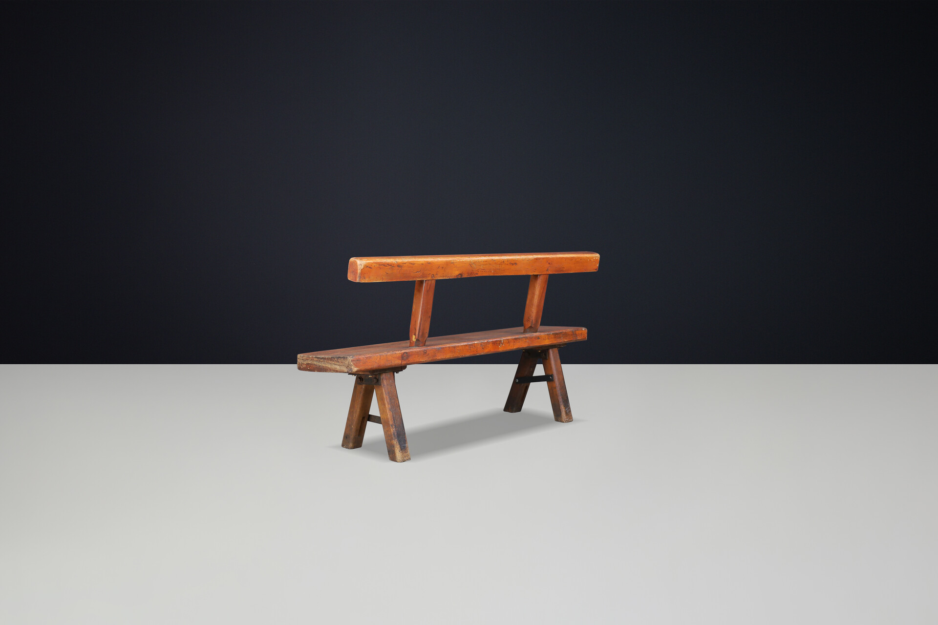 Brutalist Mobichalet Long Bench in Patinated solid Pine wood, Belgium 1950s Mid-20th century