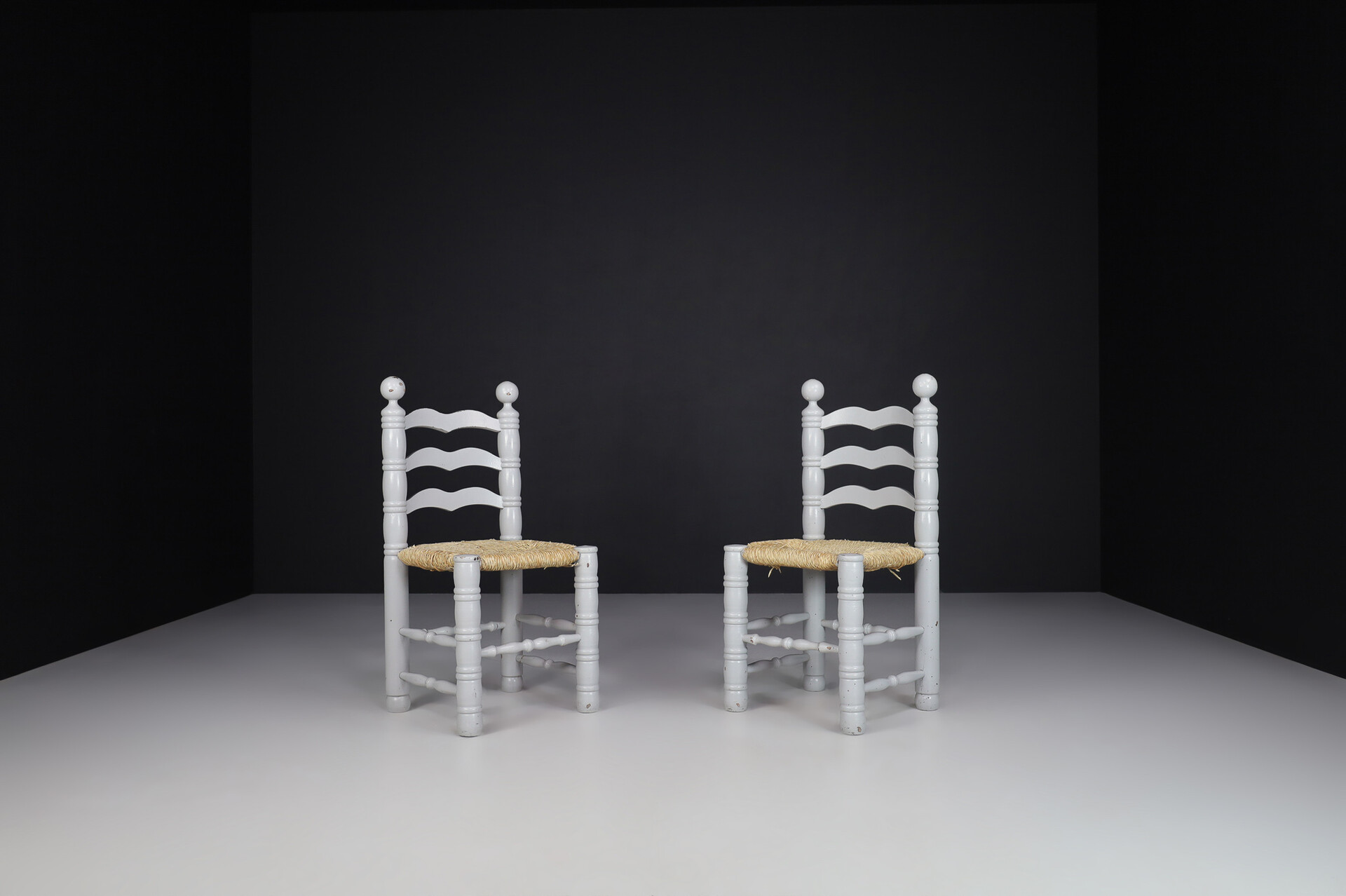 Brutalist Oak and Rush Turned Chairs by Charles Dudouyt, France 1940 Early-20th century