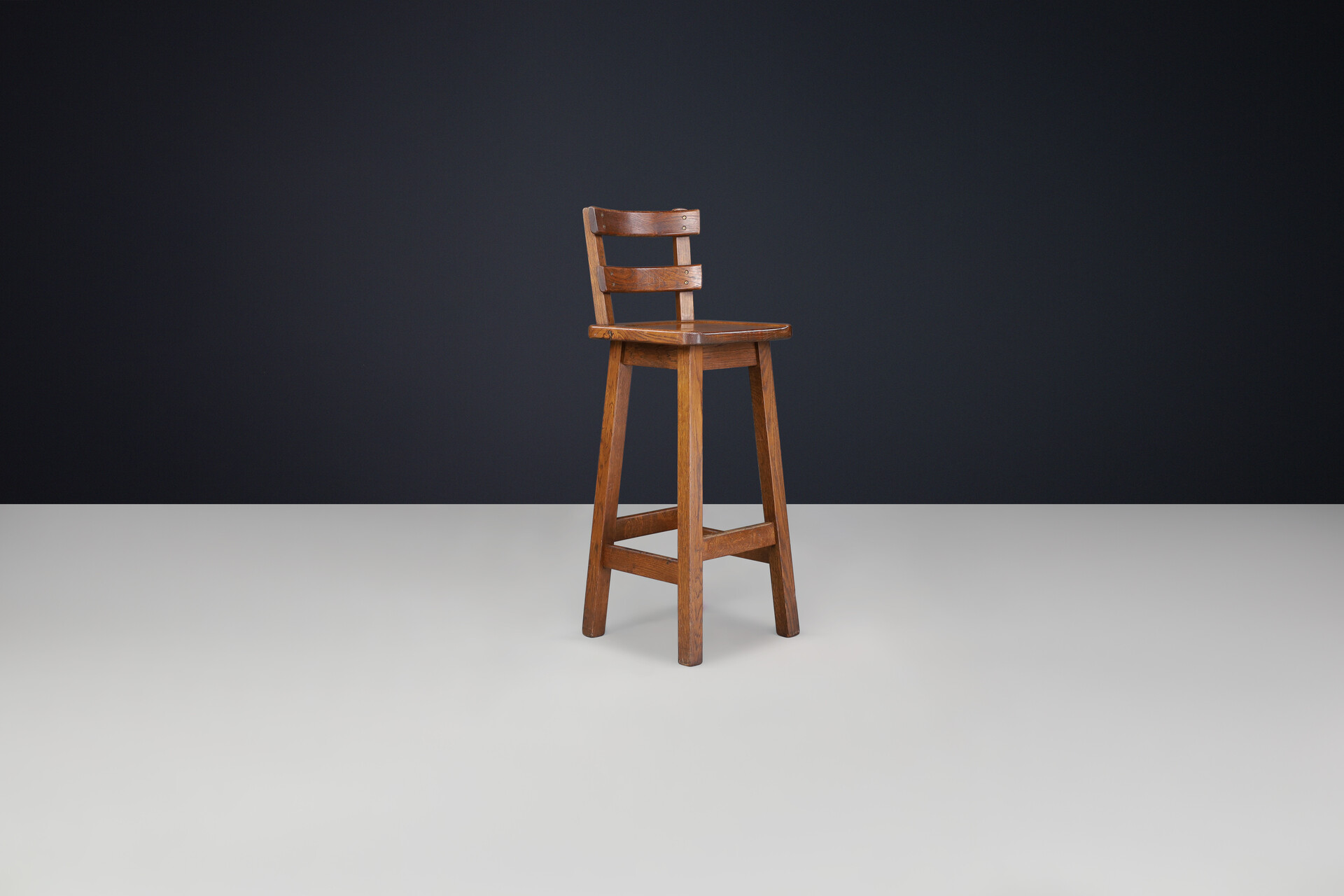 Brutalist Solid Oak Bar stools, France 1960s Mid-20th century