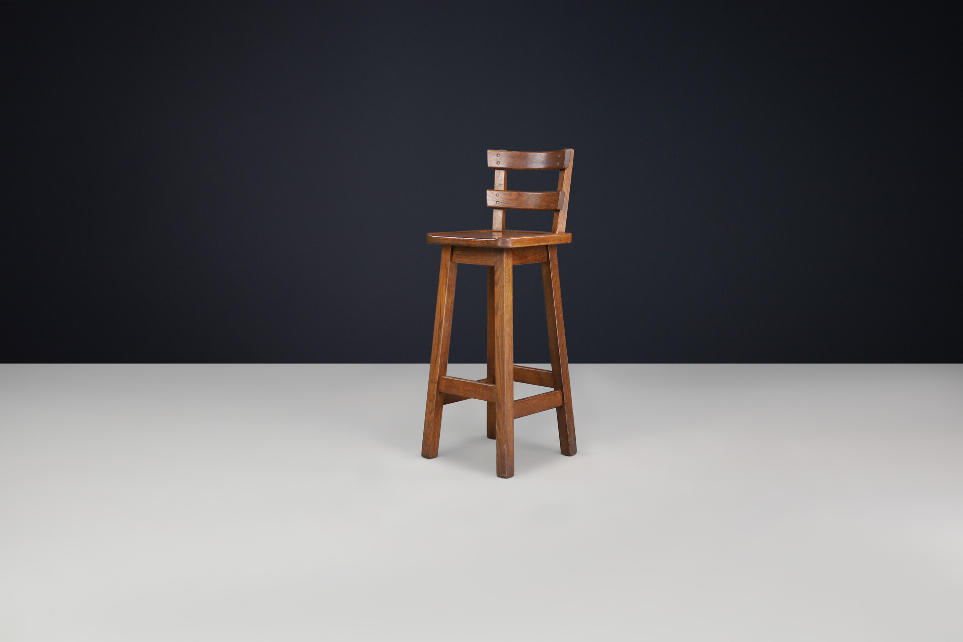 Brutalist Solid Oak Bar stools, France 1960s Mid-20th century