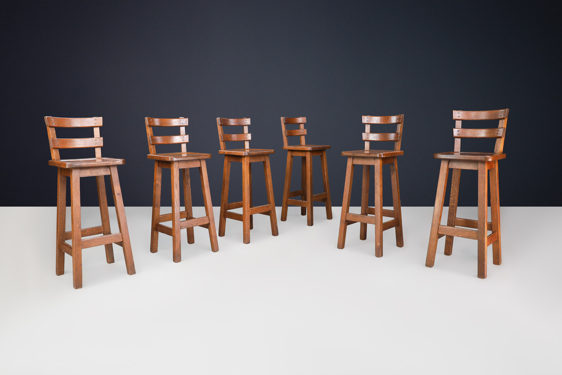 Brutalist Solid Oak Bar stools, France 1960s Mid-20th century