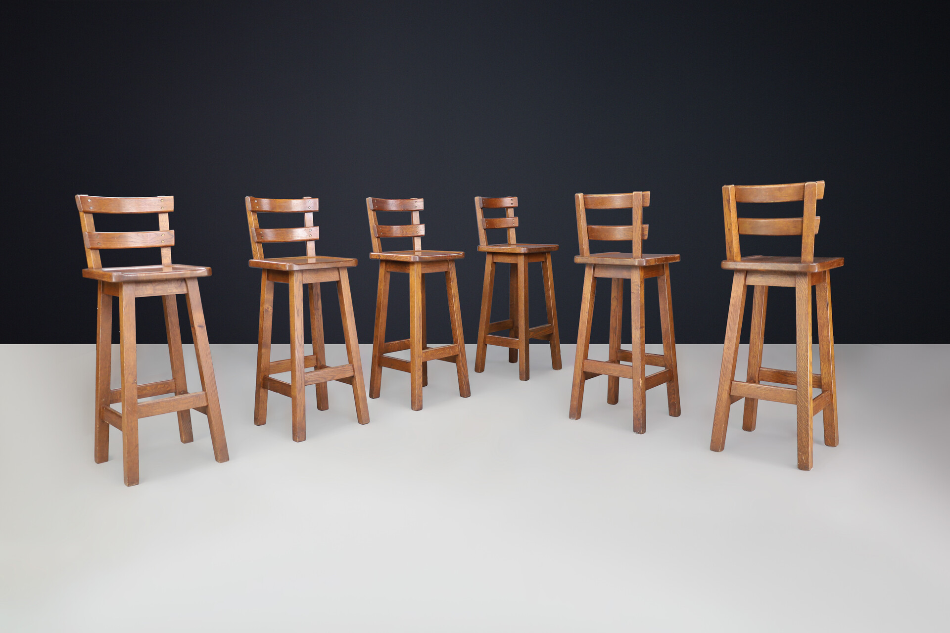 Brutalist Solid Oak Bar stools, France 1960s Mid-20th century