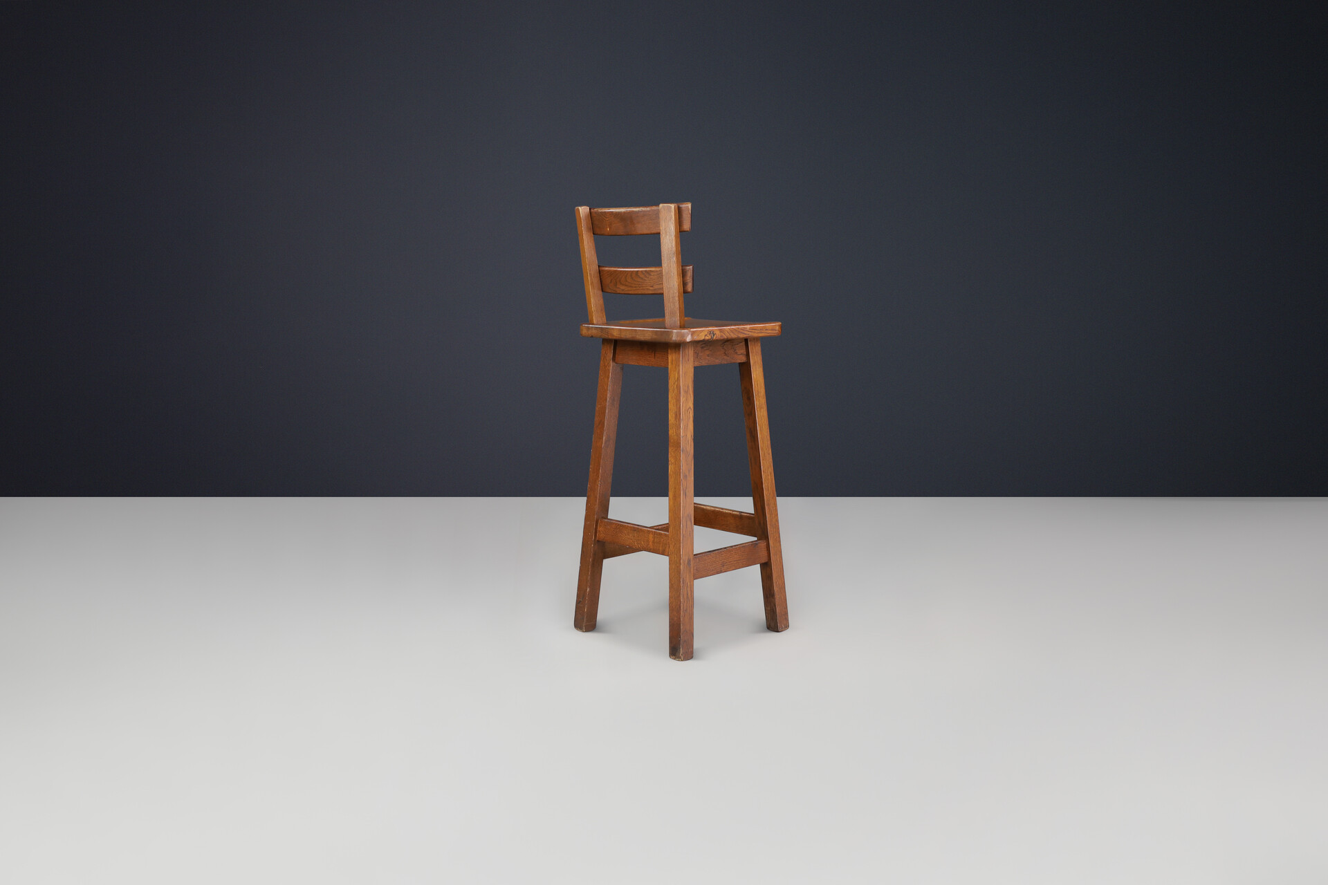 Brutalist Solid Oak Bar stools, France 1960s Mid-20th century