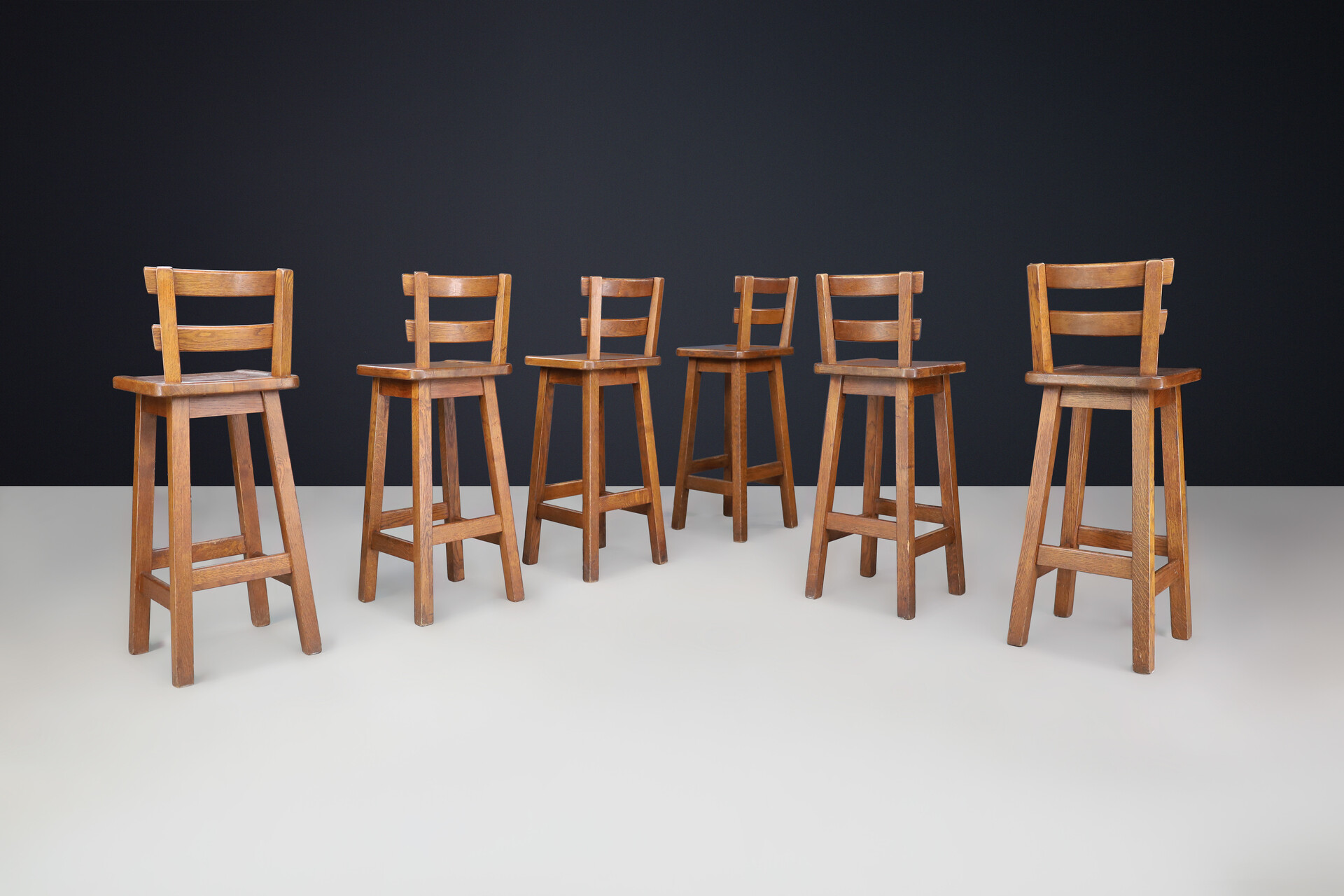 Brutalist Solid Oak Bar stools, France 1960s Mid-20th century