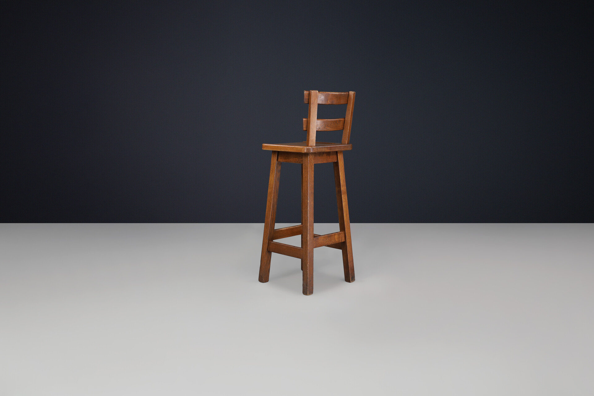 Brutalist Solid Oak Bar stools, France 1960s Mid-20th century