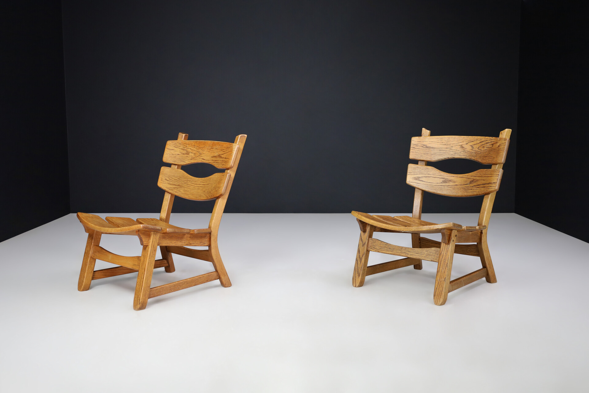 Brutalist Solid oak lounge chairs by Dittmann & Co for AWA Radboud, Netherlands circa 1970s. Late-20th century