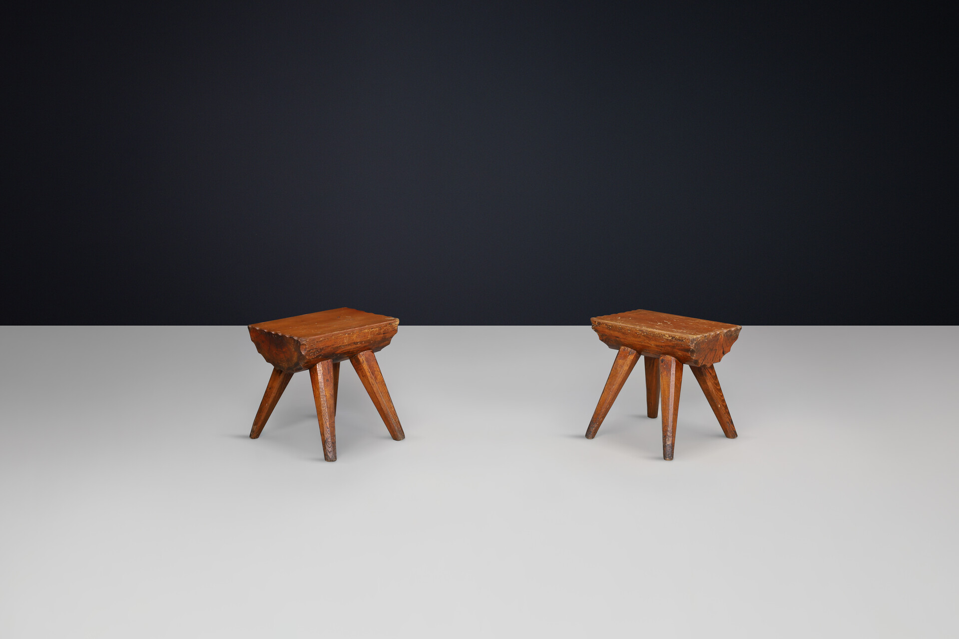 Brutalist Solid pine stools, France 1960s Mid-20th century