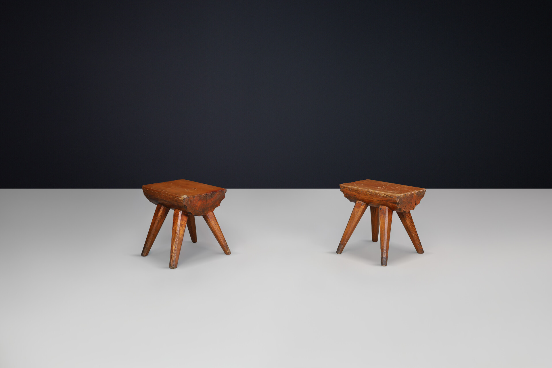 Brutalist Solid pine stools, France 1960s Mid-20th century