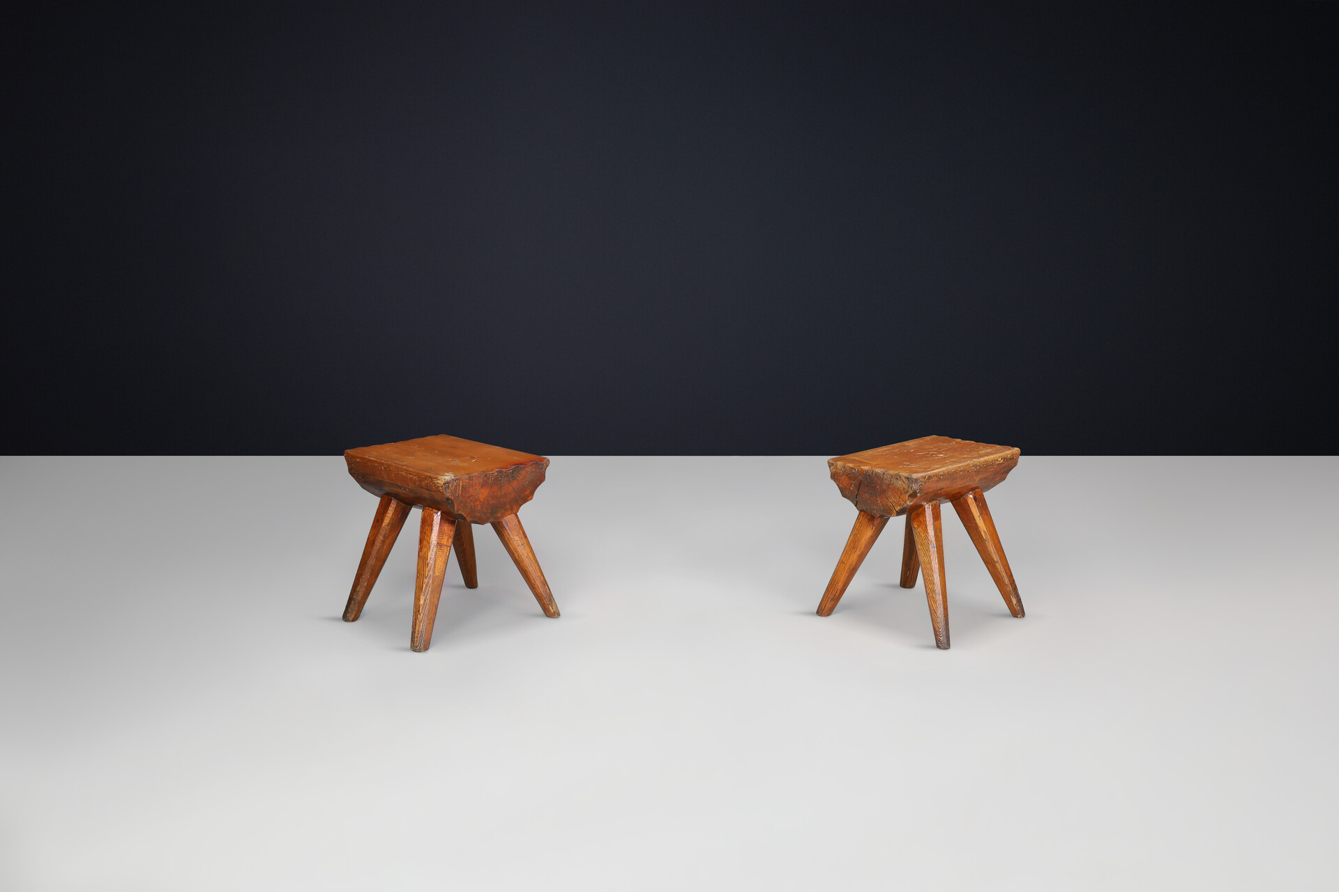 Brutalist Solid pine stools, France 1960s Mid-20th century