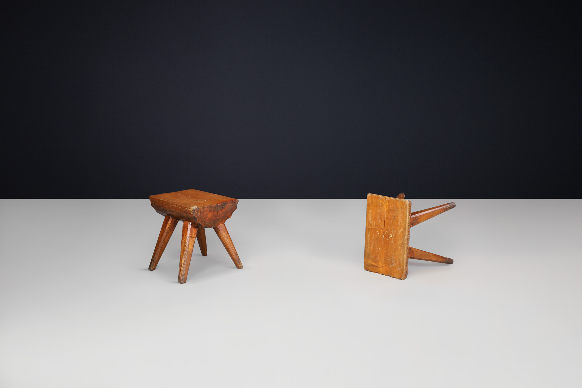 Brutalist Solid pine stools, France 1960s Mid-20th century