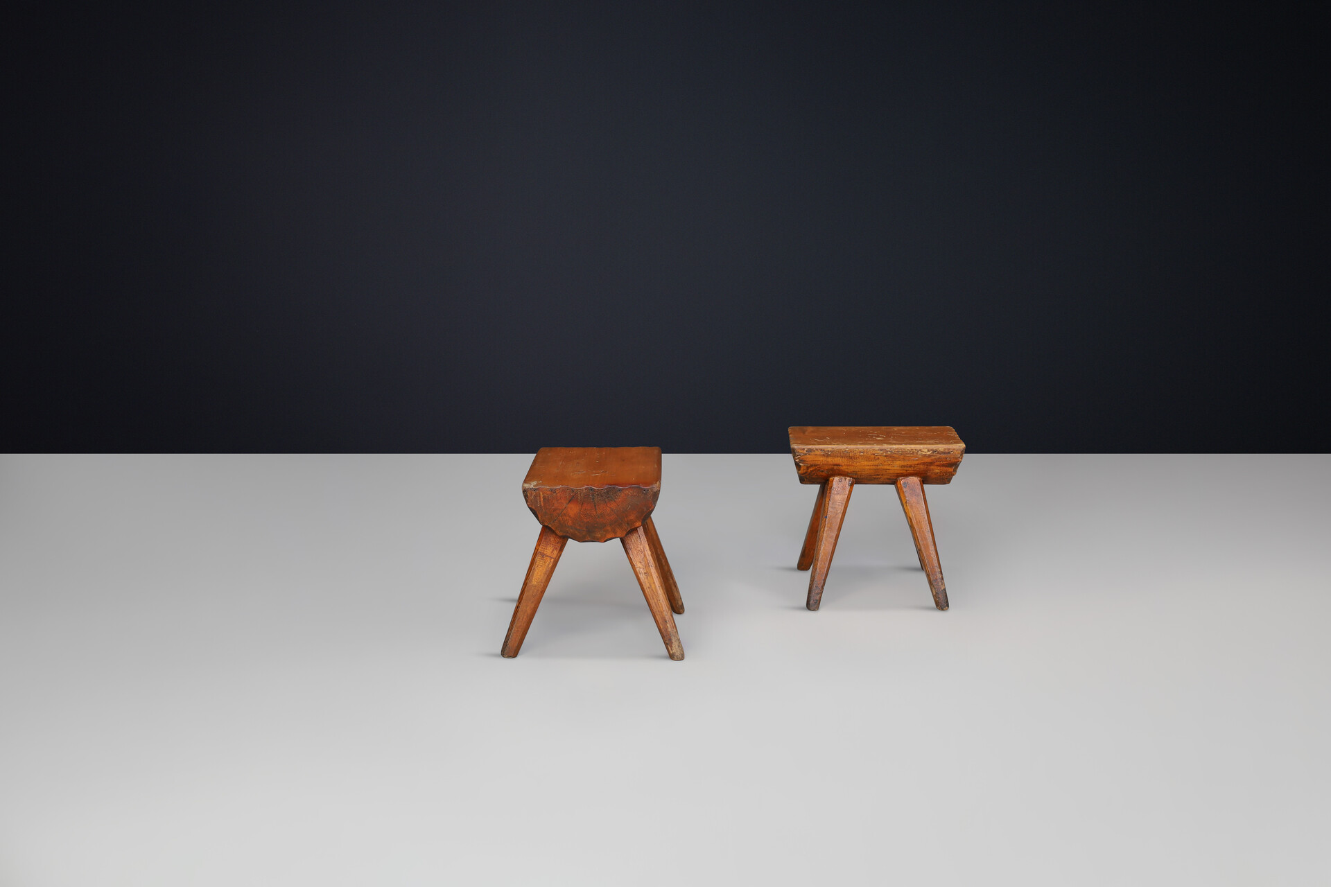 Brutalist Solid pine stools, France 1960s Mid-20th century