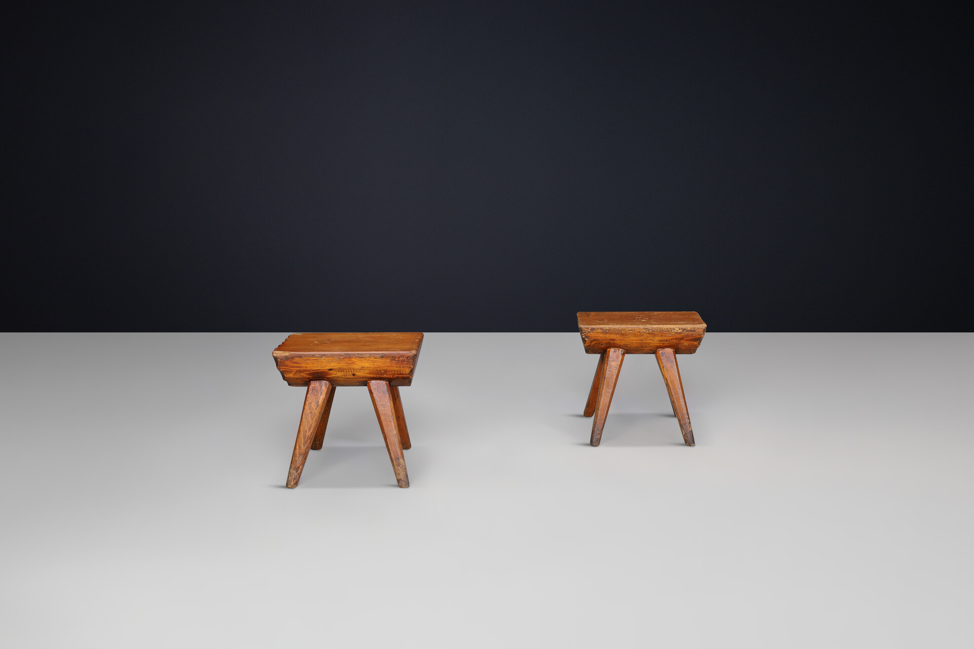 Brutalist Solid pine stools, France 1960s Mid-20th century