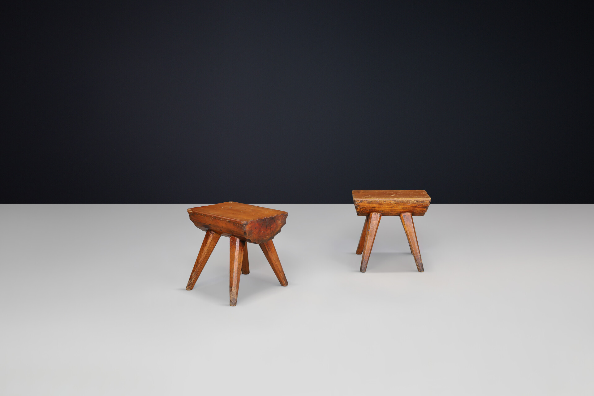 Brutalist Solid pine stools, France 1960s Mid-20th century