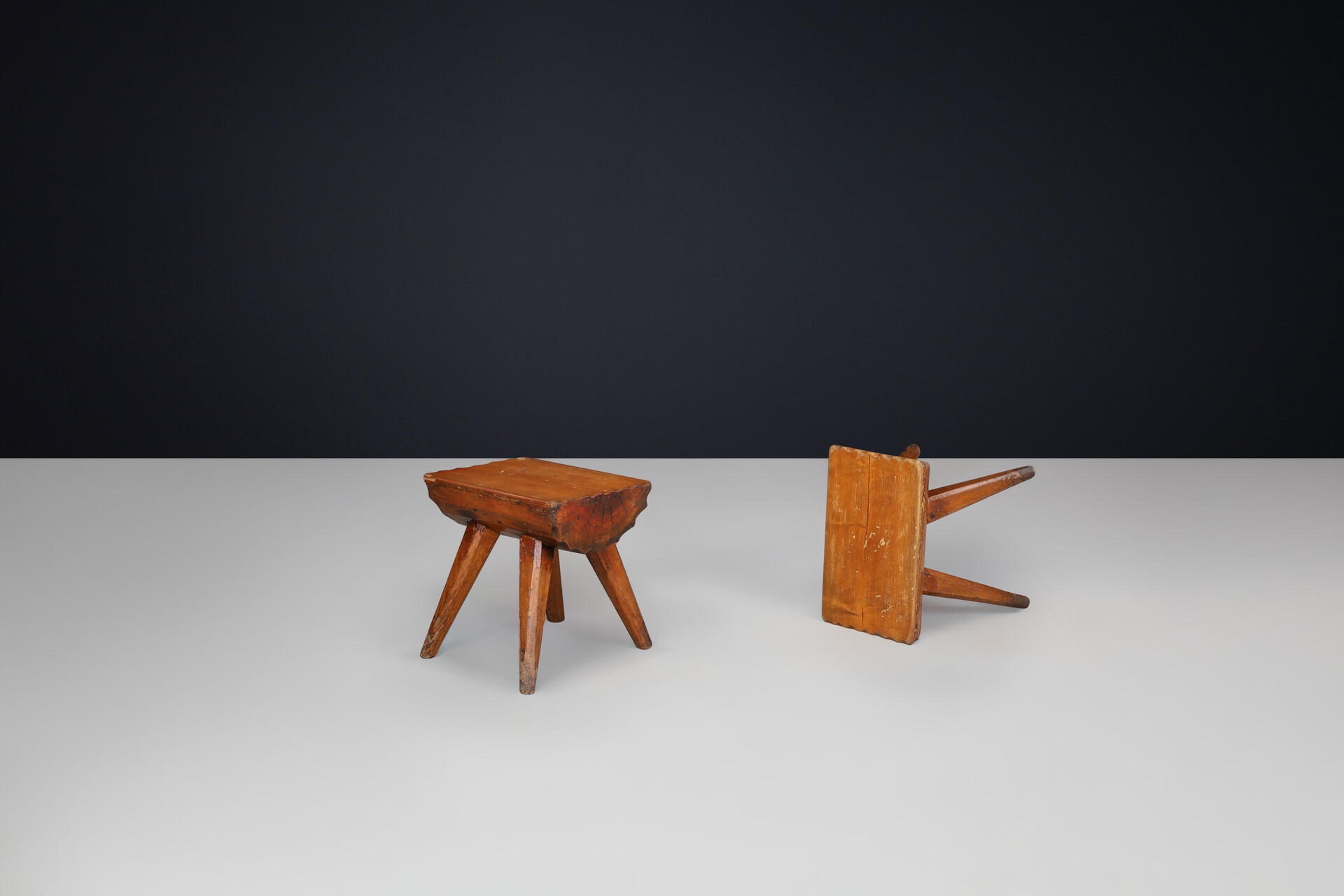 Brutalist Solid pine stools, France 1960s Mid-20th century