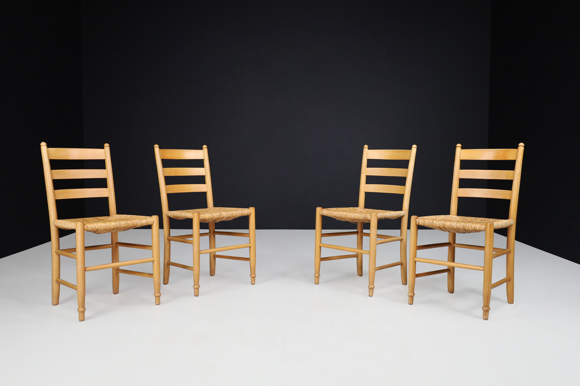 Country-farm house Beechwood and rush dining chairs , France 1960s Mid-20th century