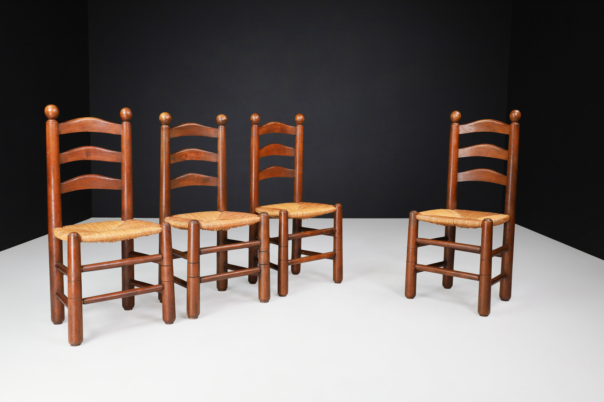 French provincial Georges Robert Dining Chairs in Oak and Rush, France, 1950s Mid-20th century