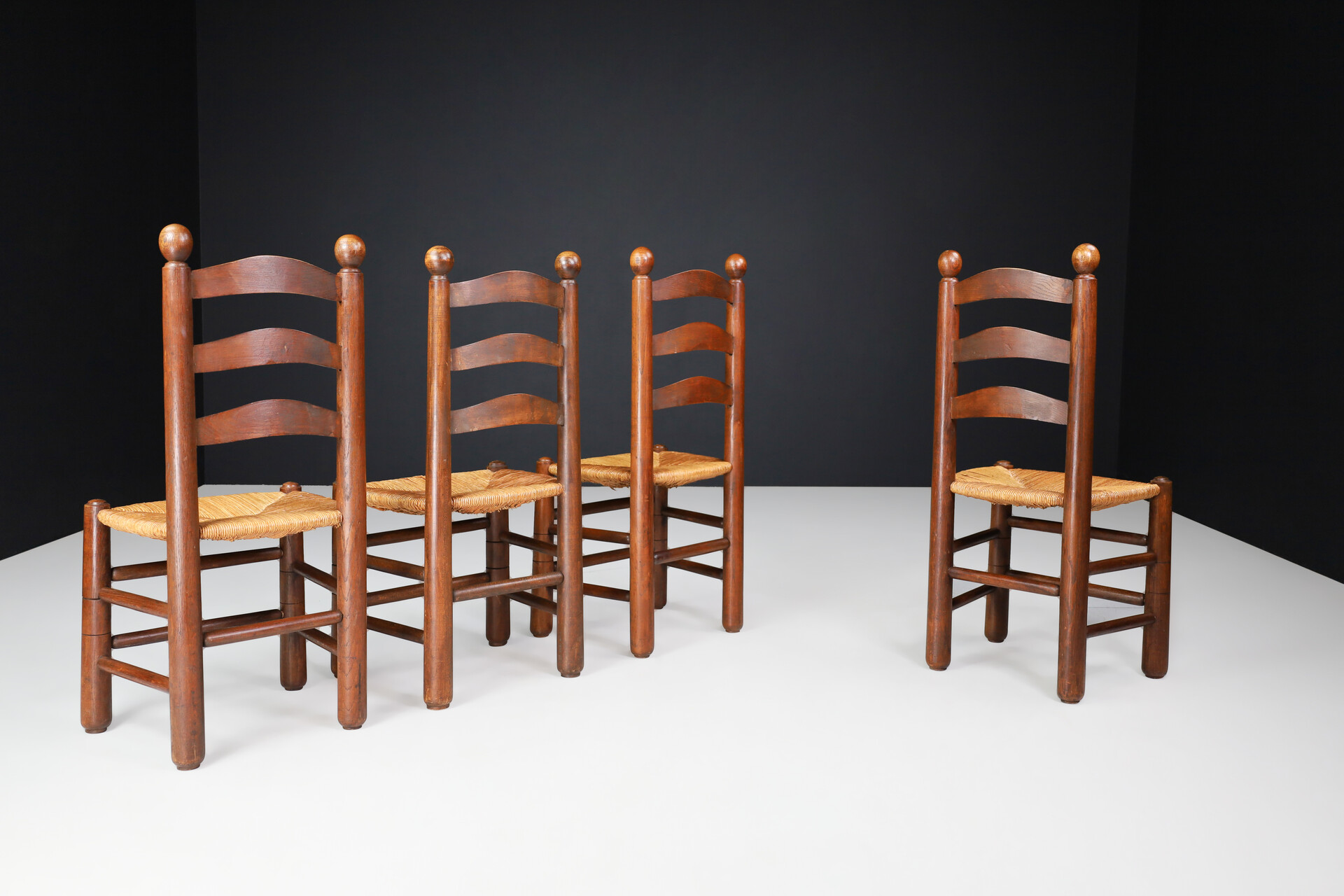 French provincial Georges Robert Dining Chairs in Oak and Rush, France, 1950s Mid-20th century