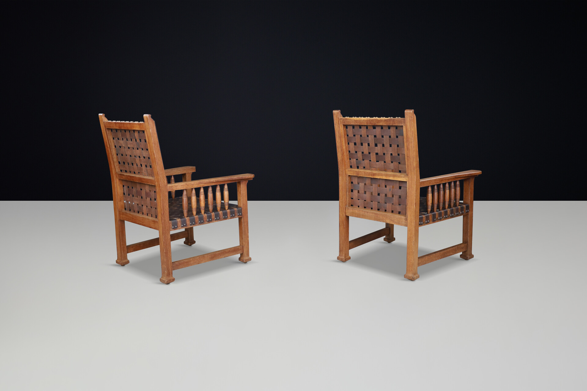 French provincial Large Oak and leather armchairs, France 1950s Mid-20th century